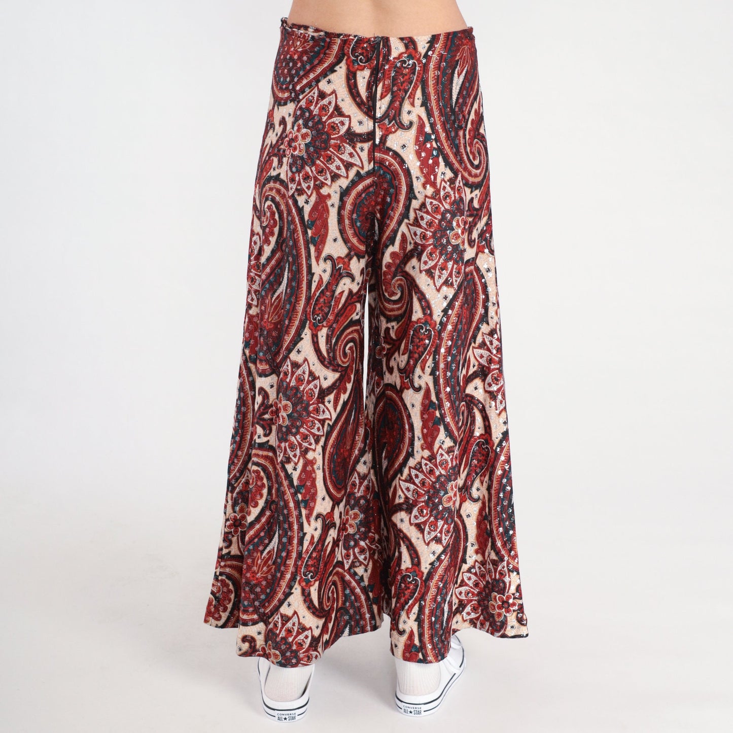 70s Paisley Metallic Bell Bottom Pants High Waisted Red Cream Small