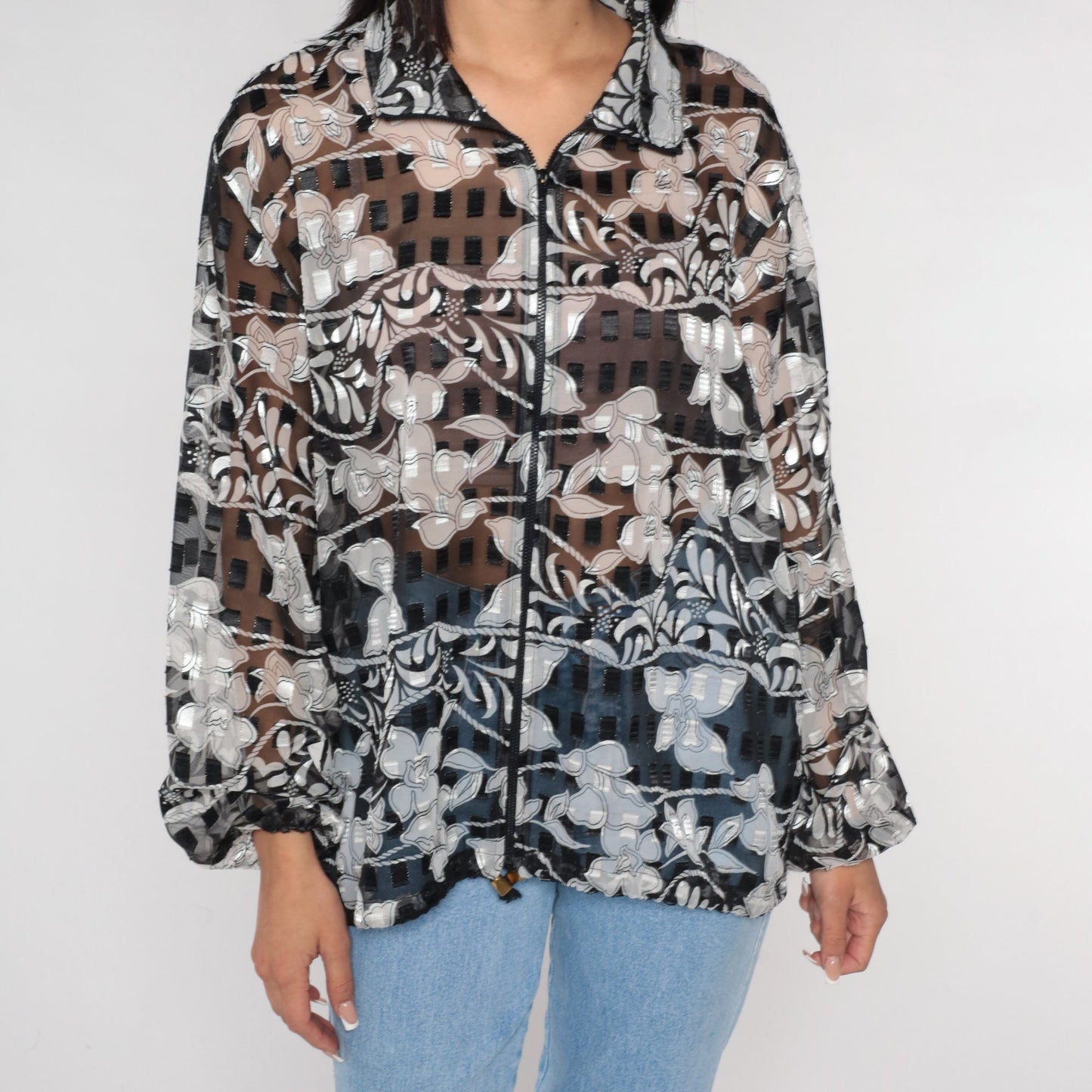 00s Sheer Orchid Floral Jacket Black White Zip Windbreaker Large L
