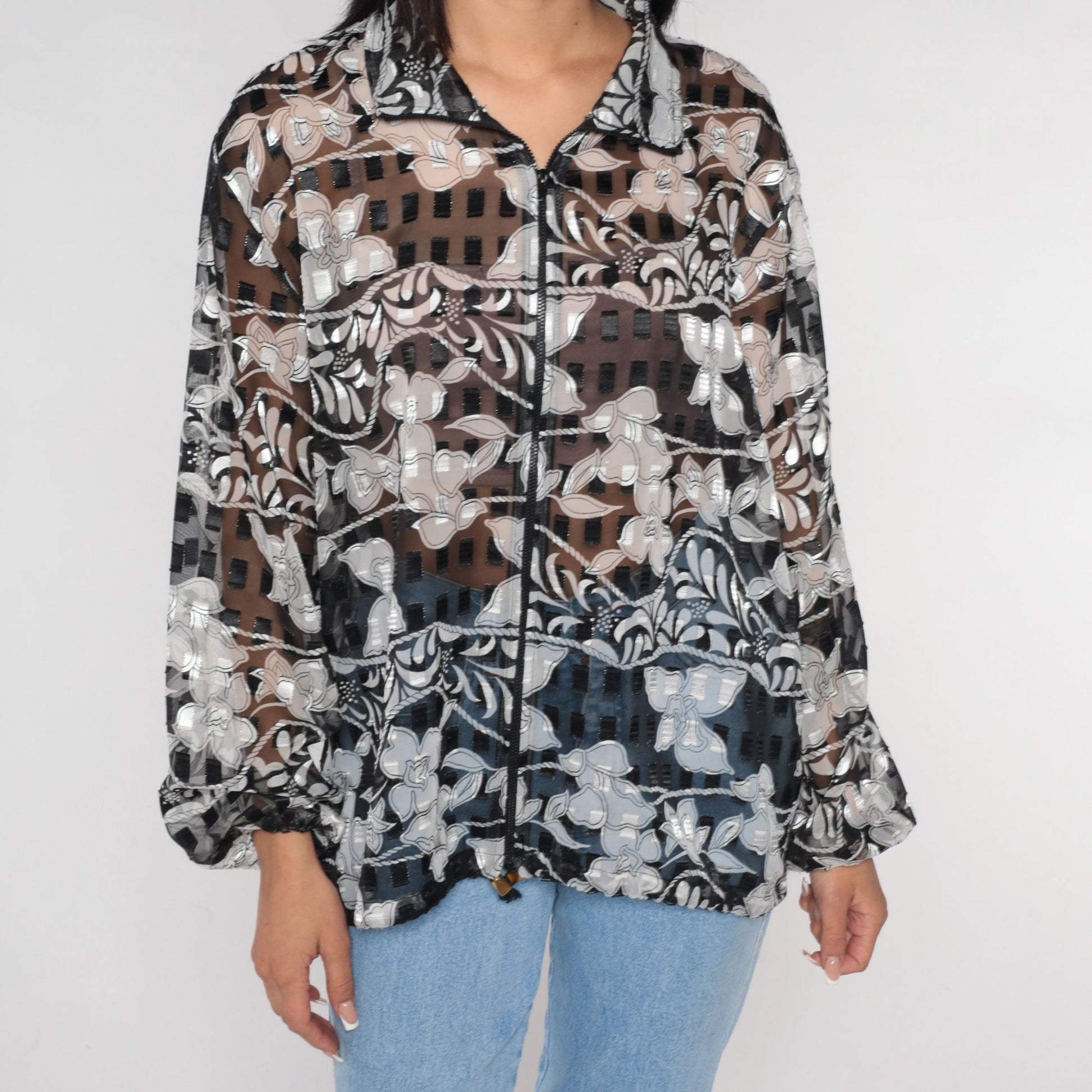00s Sheer Orchid Floral Jacket Black White Zip Windbreaker Large L