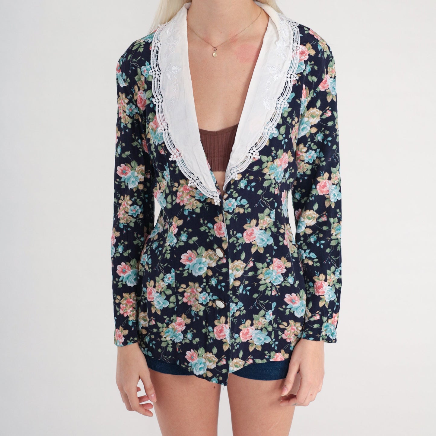 80s Floral Navy Button Up Blouse White Embroidered Collar Deep V Neck Small