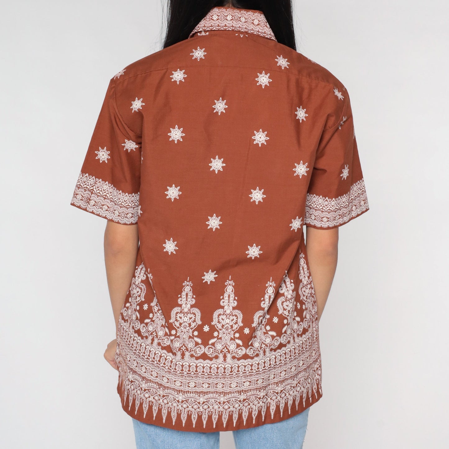 90s Batik Floral Button Up Shirt Brown White Geometric Print Medium
