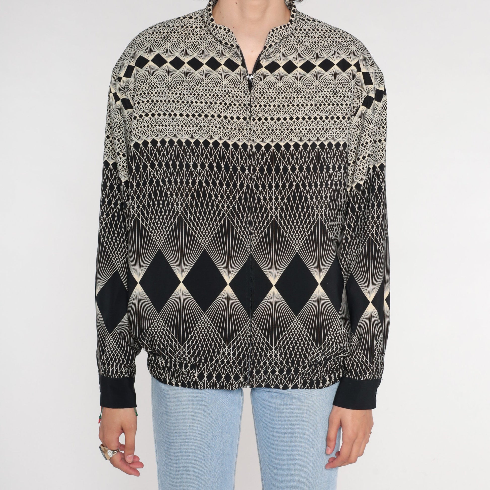 80s Op Art Bomber Jacket Black White Geometric Windbreaker Medium