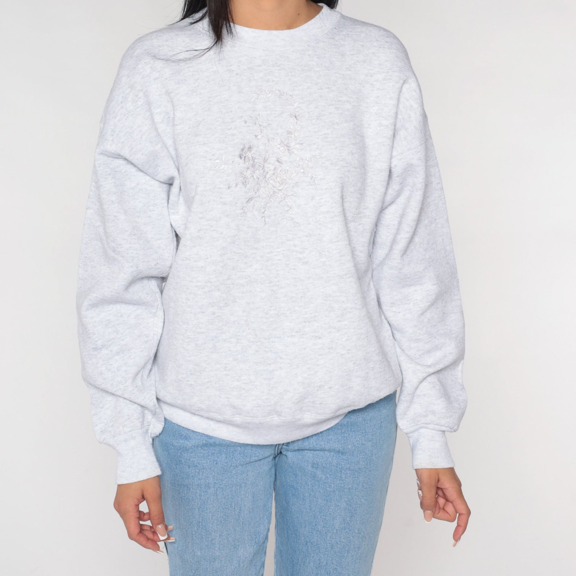 90s Floral Embroidered Sweatshirt Heather Grey Crewneck Pullover Extra Large XXL