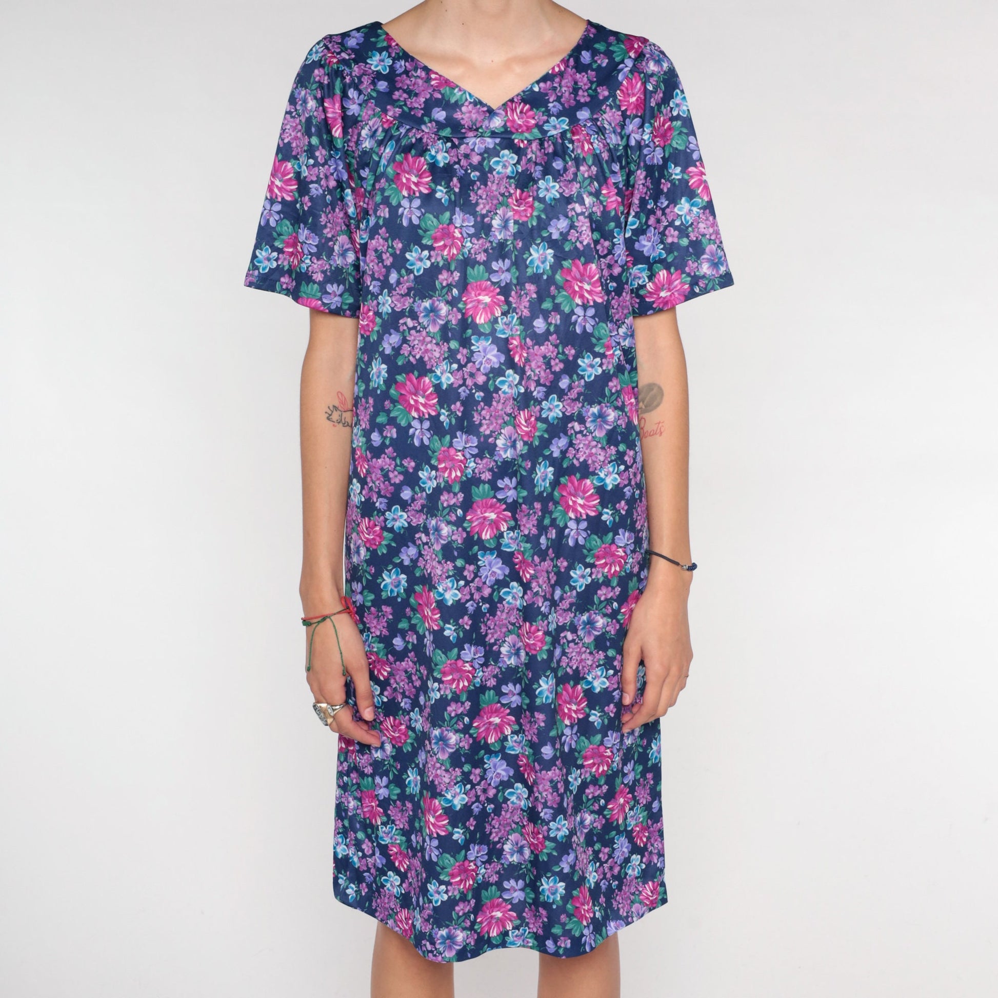90s Purple Floral Tent Dress Mini Short Sleeve Lounge Dress XXL