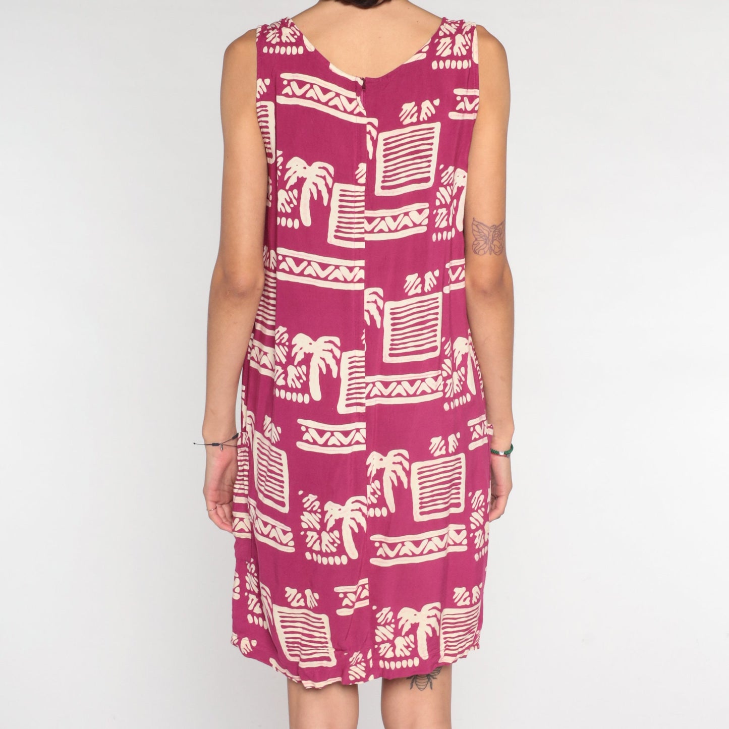 90s Dark Pink Tropical Palm Tree Mini Dress Geometric Print Sleeveless Small