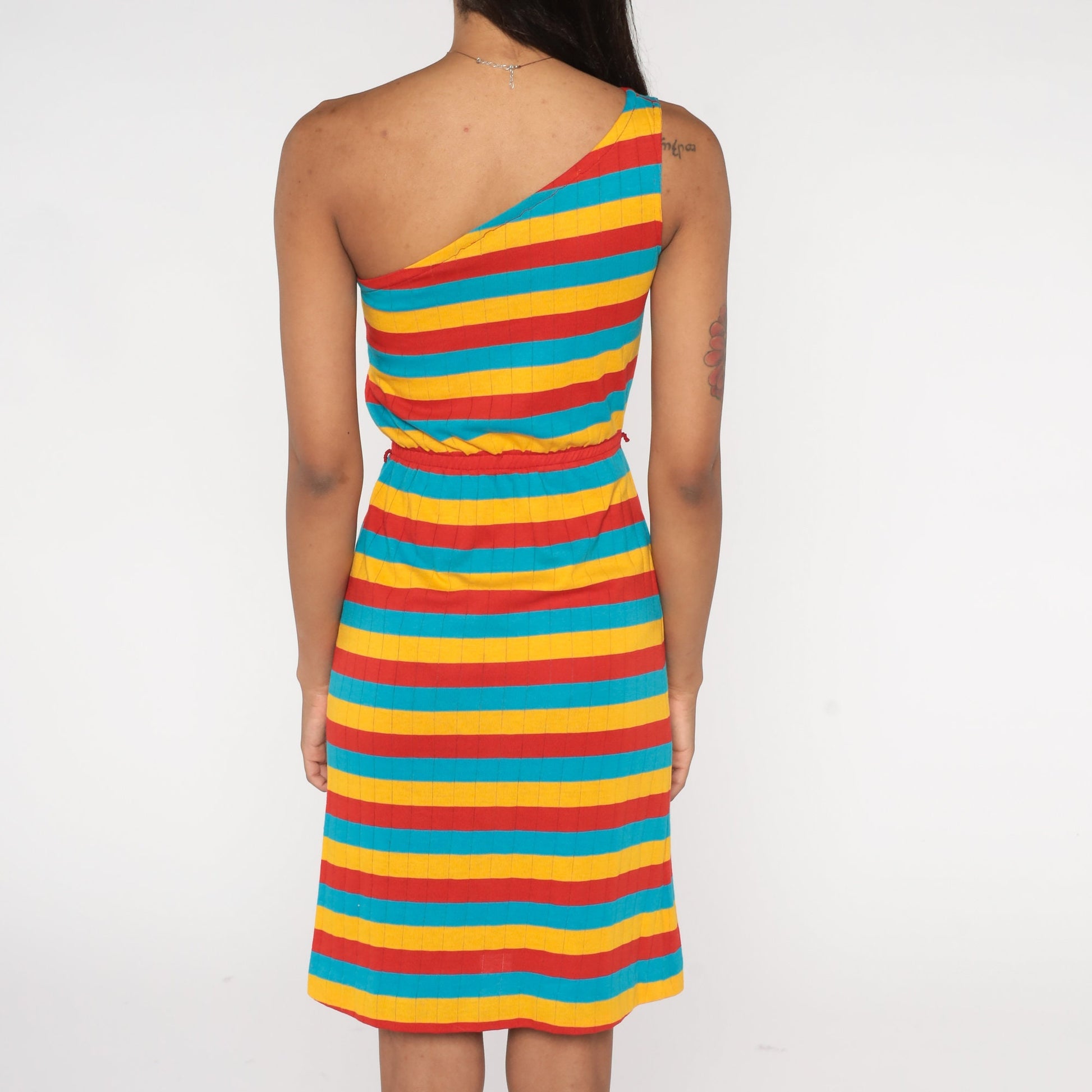 70s One-Shoulder Striped Mini Dress Bright Summer Sundress Extra Small