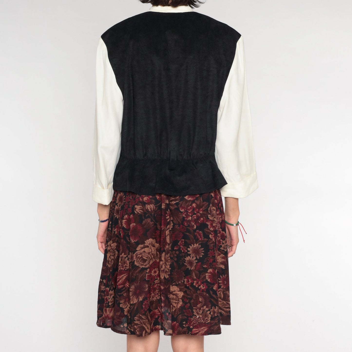 90s Layered Vest Dress White Floral Mini Button-Up Black Long Sleeve Medium
