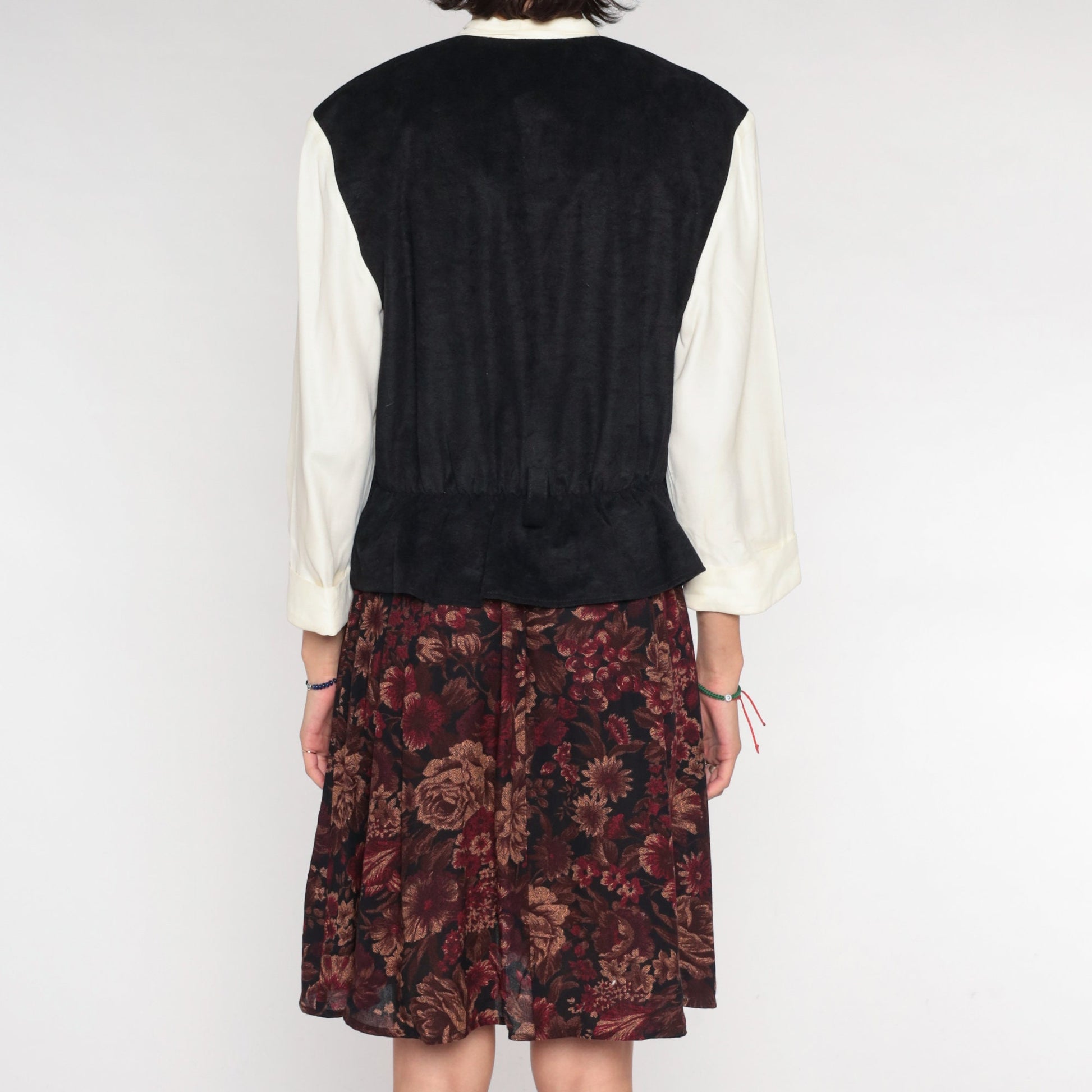 90s Layered Vest Dress White Floral Mini Button-Up Black Long Sleeve Medium
