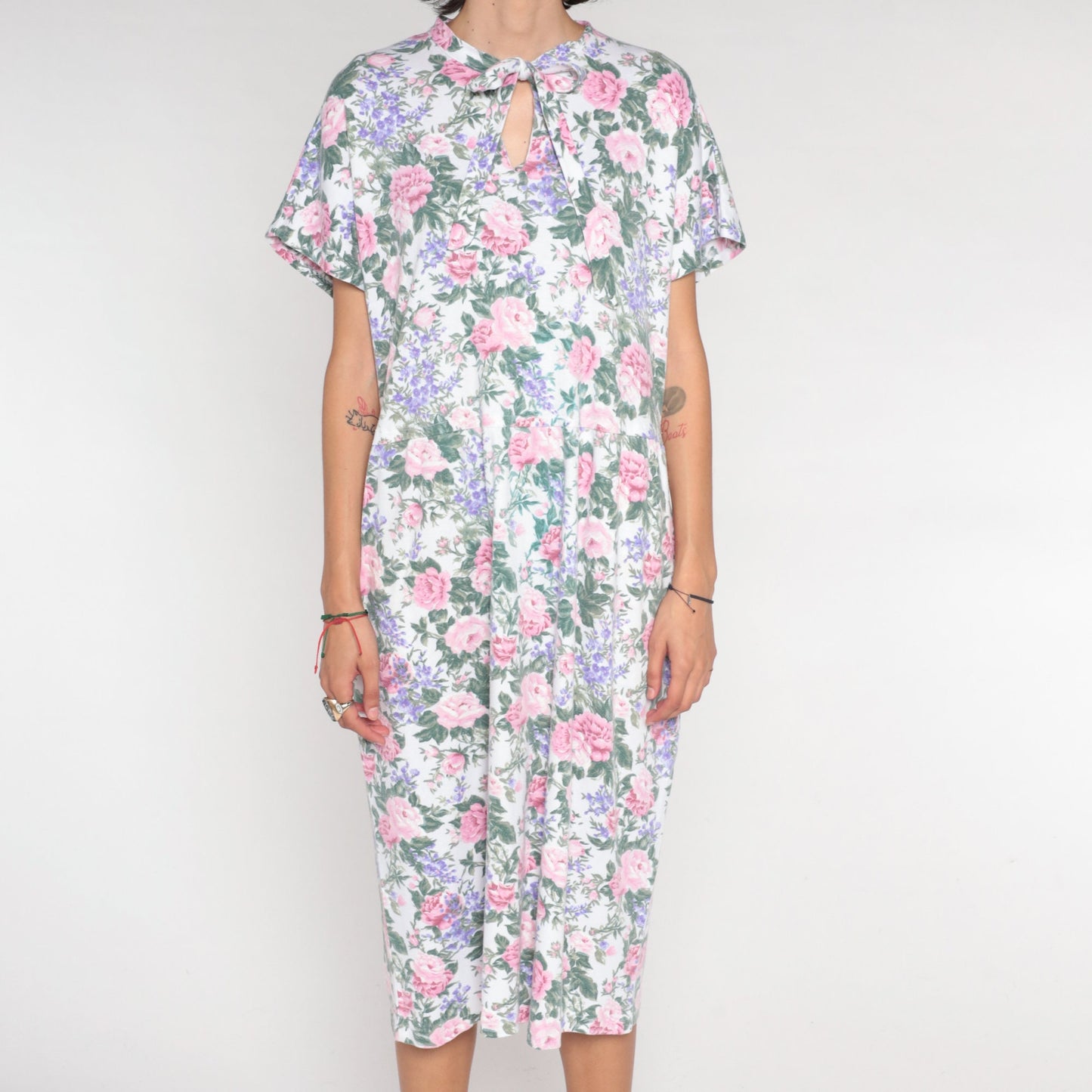 90s Floral Keyhole Tie Midi Dress White Rose Print Short Sleeve Large L