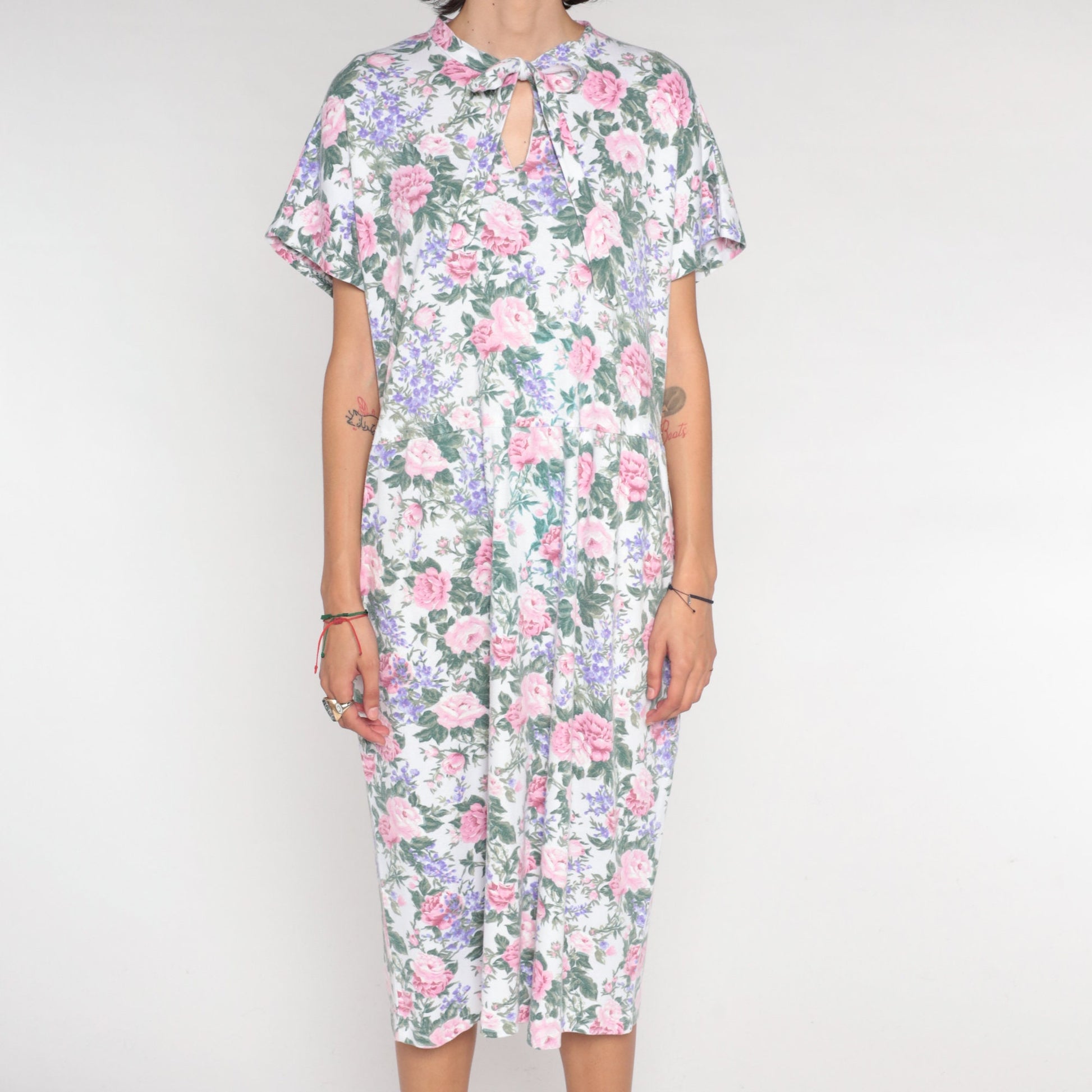 90s Floral Keyhole Tie Midi Dress White Rose Print Short Sleeve Large L