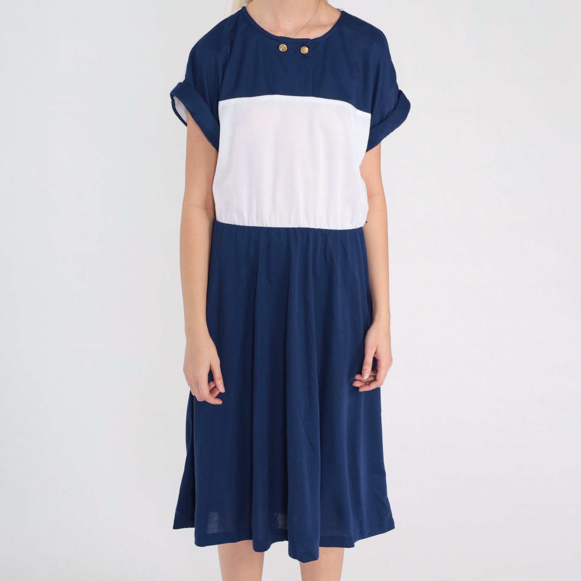 80s Nautical Anchor Button Midi Dress Navy White Color Block Medium Large