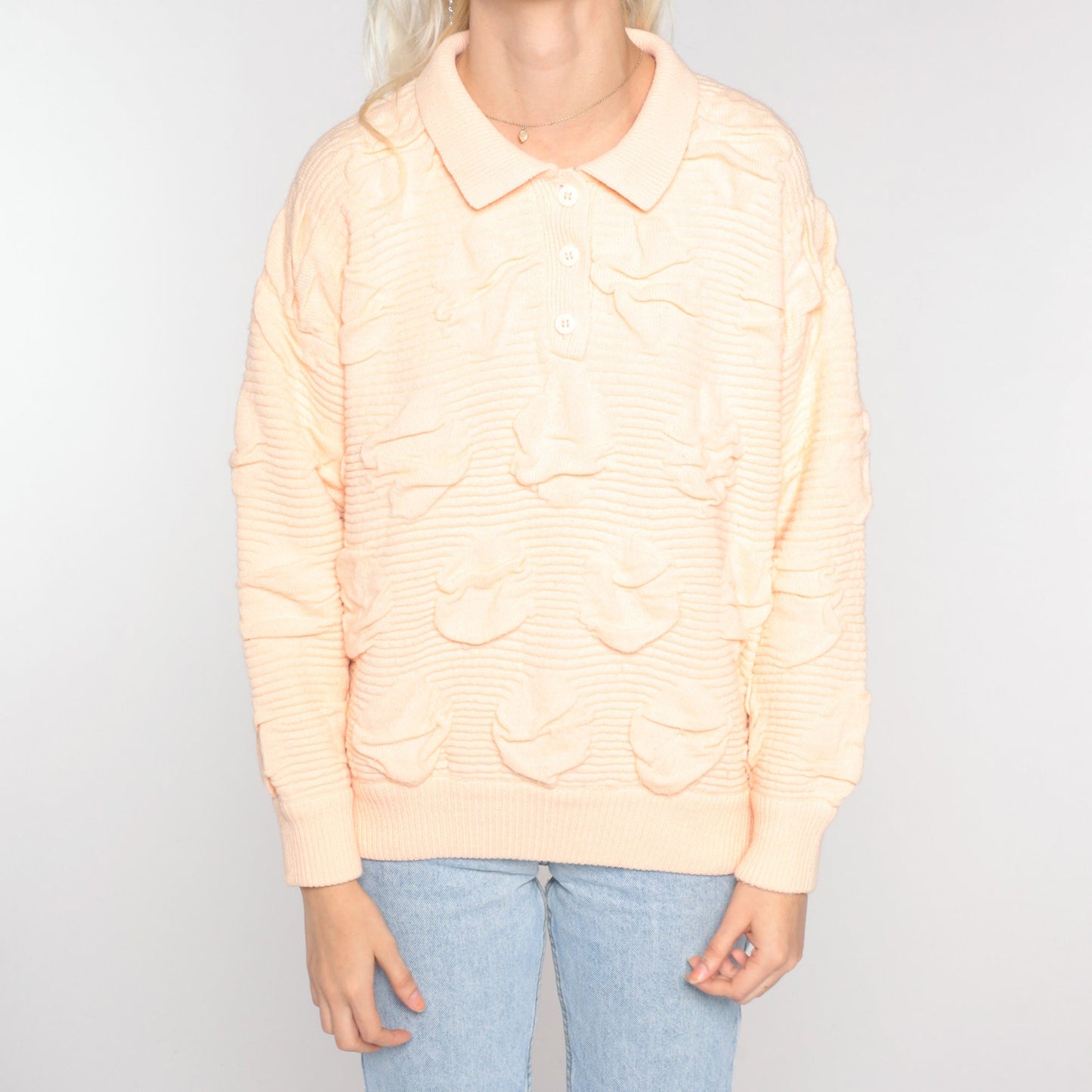 80s Peach Textured Knit Polo Sweater Collared Button-Up Medium