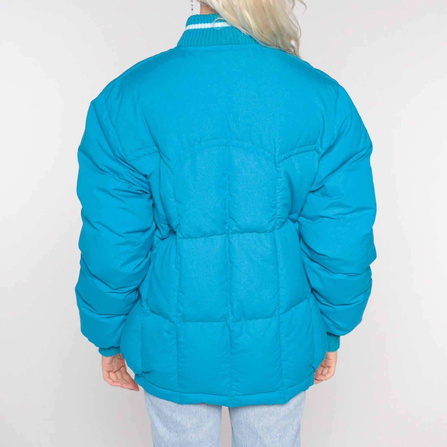 80s Blue Puffer Ski Jacket Nylon Down Fill Zip Front Medium
