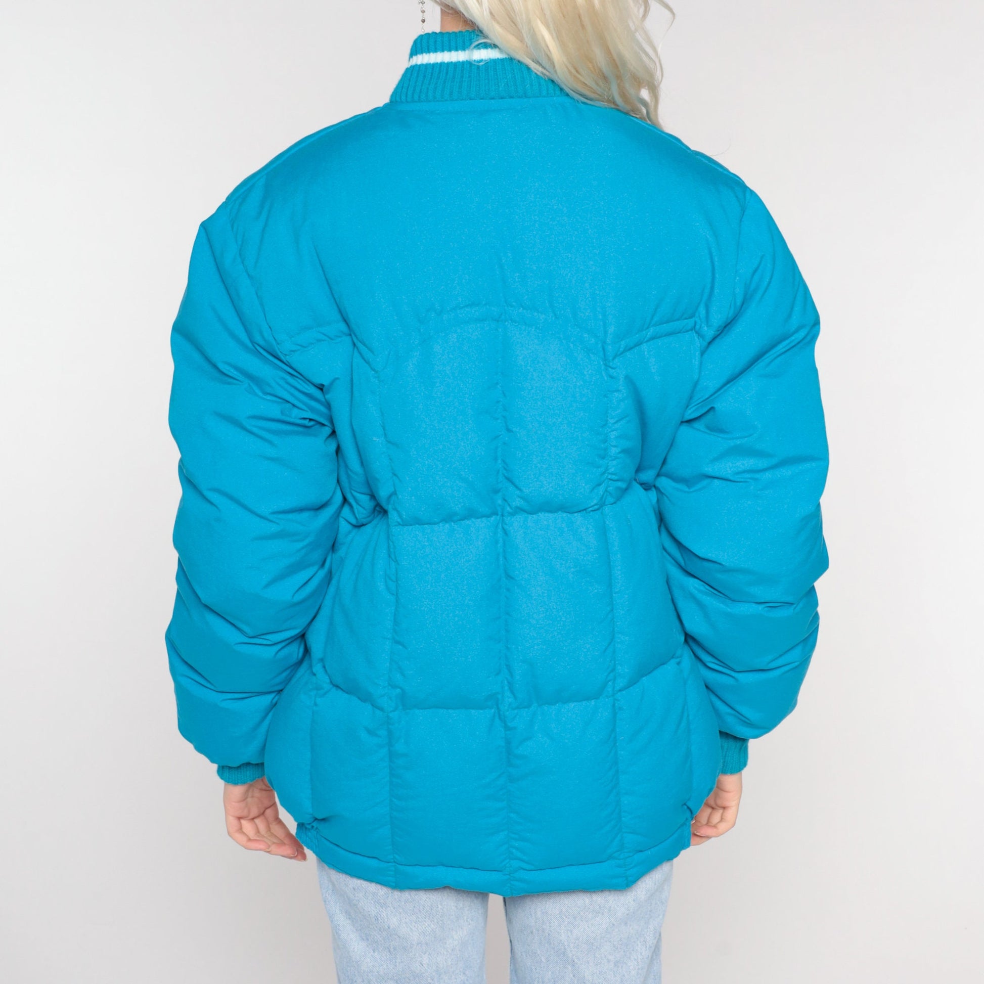 80s Blue Puffer Ski Jacket Nylon Down Fill Zip Front Medium