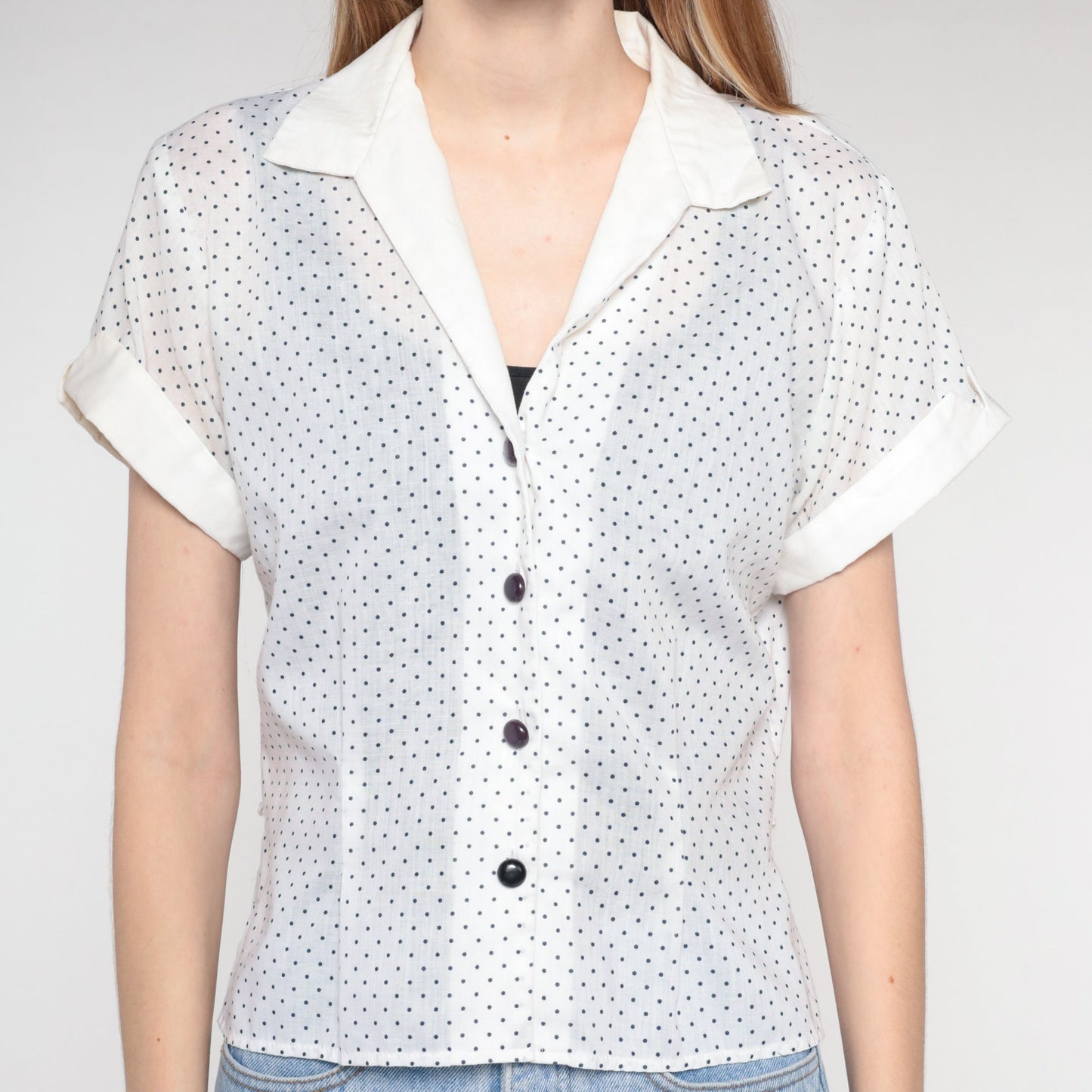 70s Polka Dot Button-Up Blouse White Black Collared Short Sleeve Large