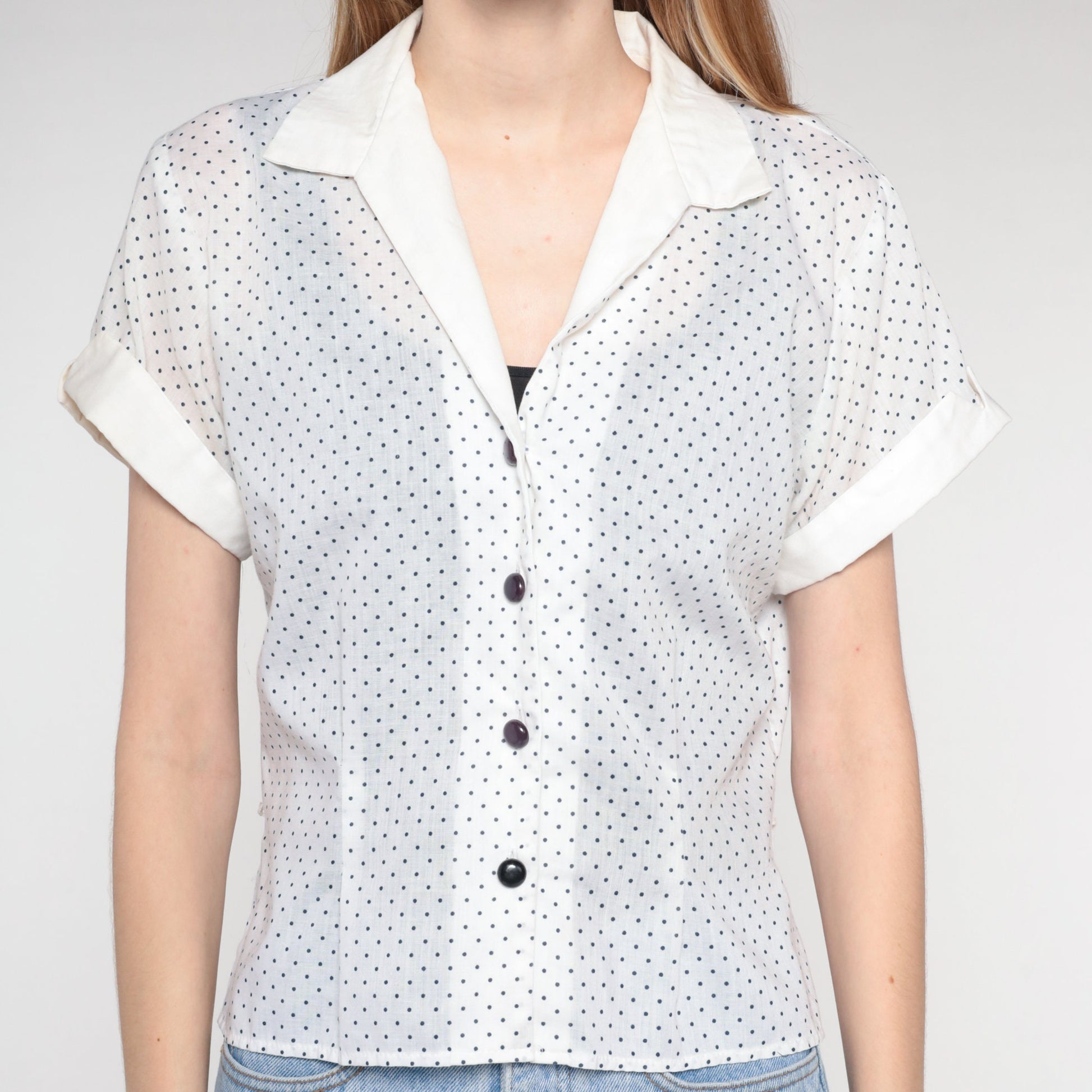 70s Polka Dot Button-Up Blouse White Black Collared Short Sleeve Large