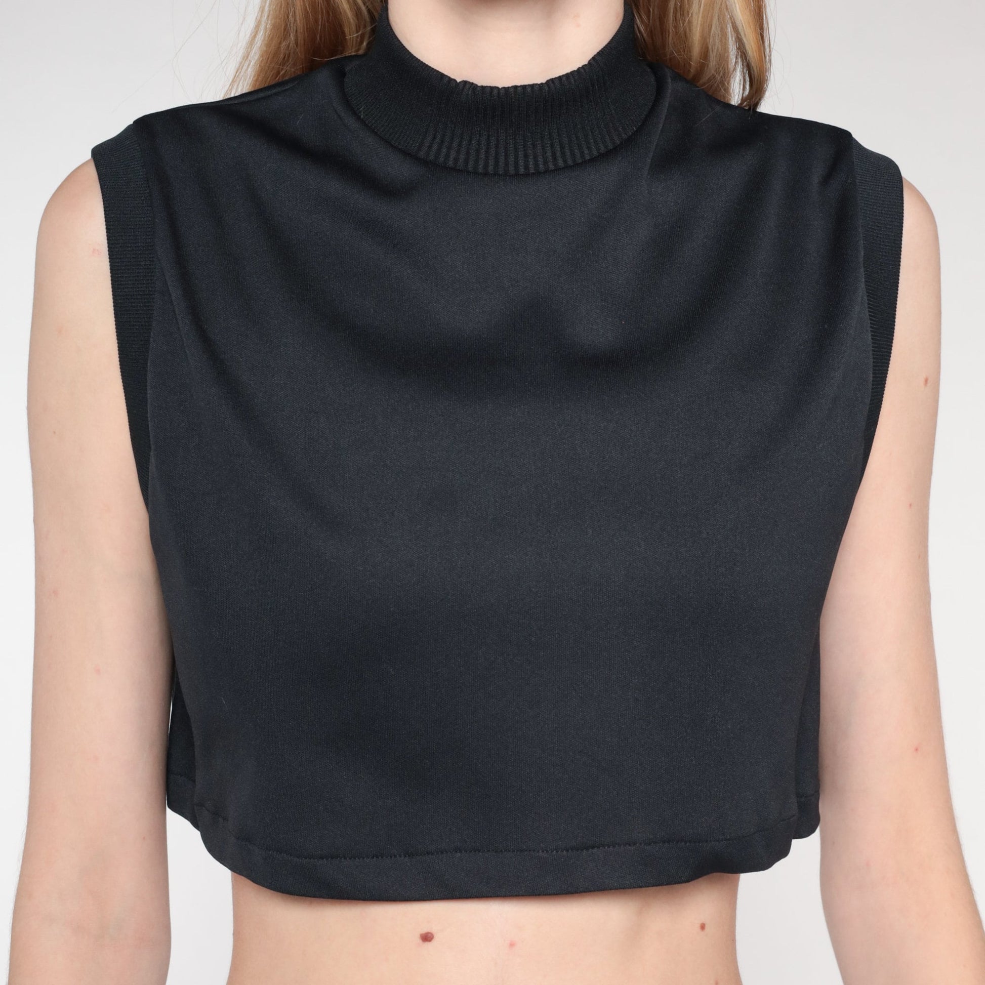 70s Black Mock Neck Crop Tank Top Sleeveless Small S