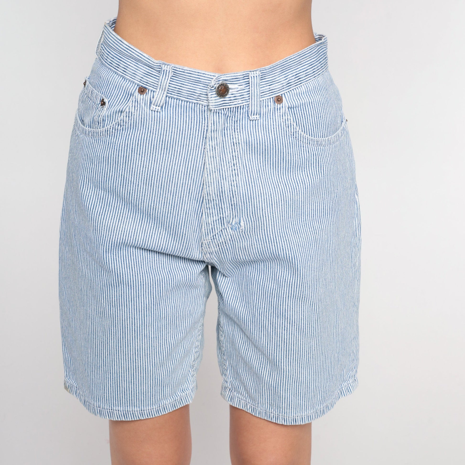 00s Faded Glory Striped Denim Shorts High Waisted Blue White Small