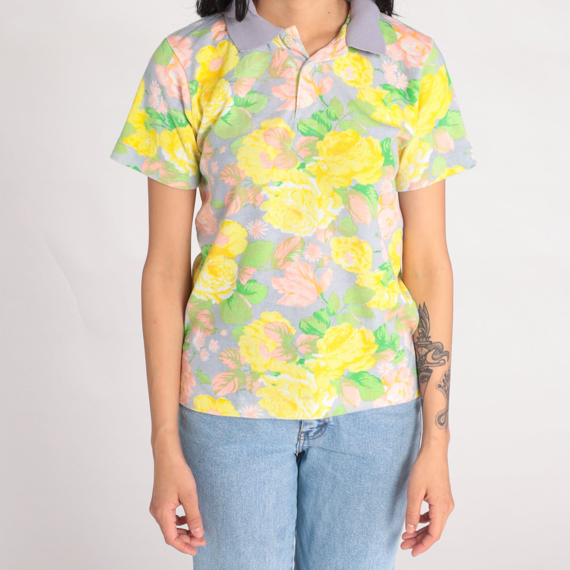 90s Floral Polo Shirt Yellow Flower Print Cotton Collared Small