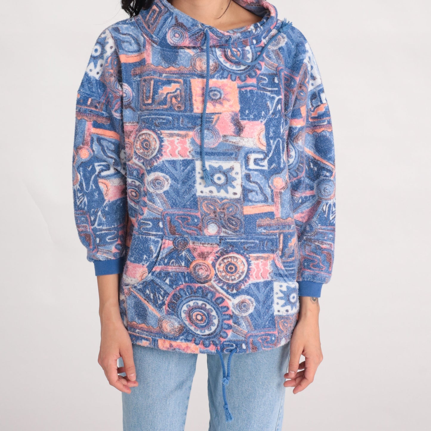 90s Blue Geometric Fleece Pullover Sweatshirt Drawstring Funnel Neck Small S