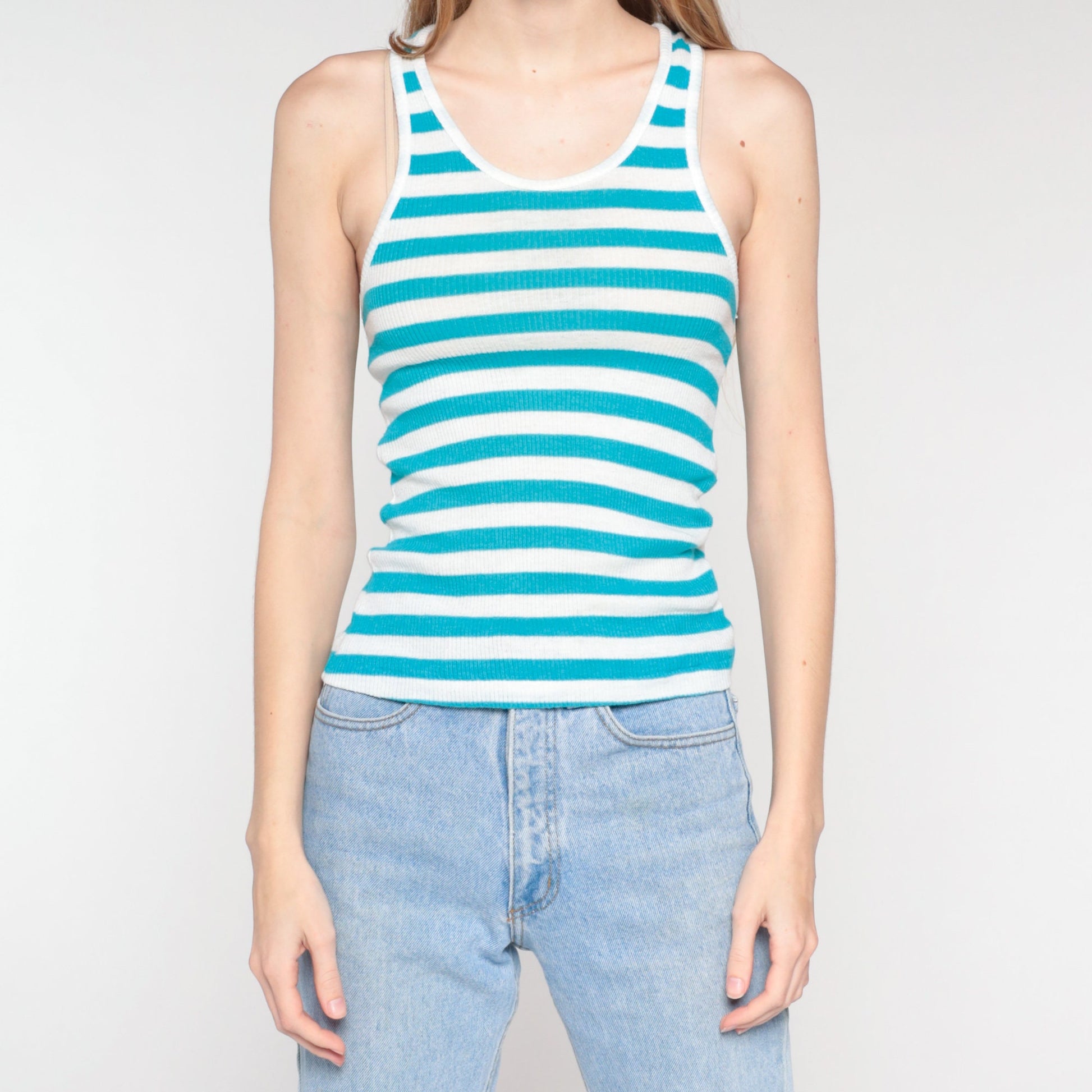 90s Blue White Striped Ribbed Tank Top Racerback XS