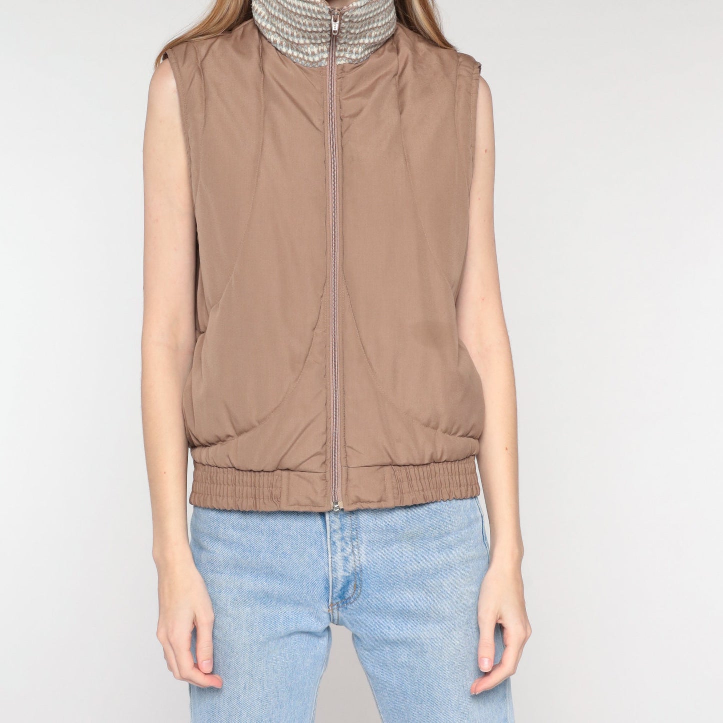 80s Brown Quilted Puffer Vest Zip Knit Collar Sleeveless Medium