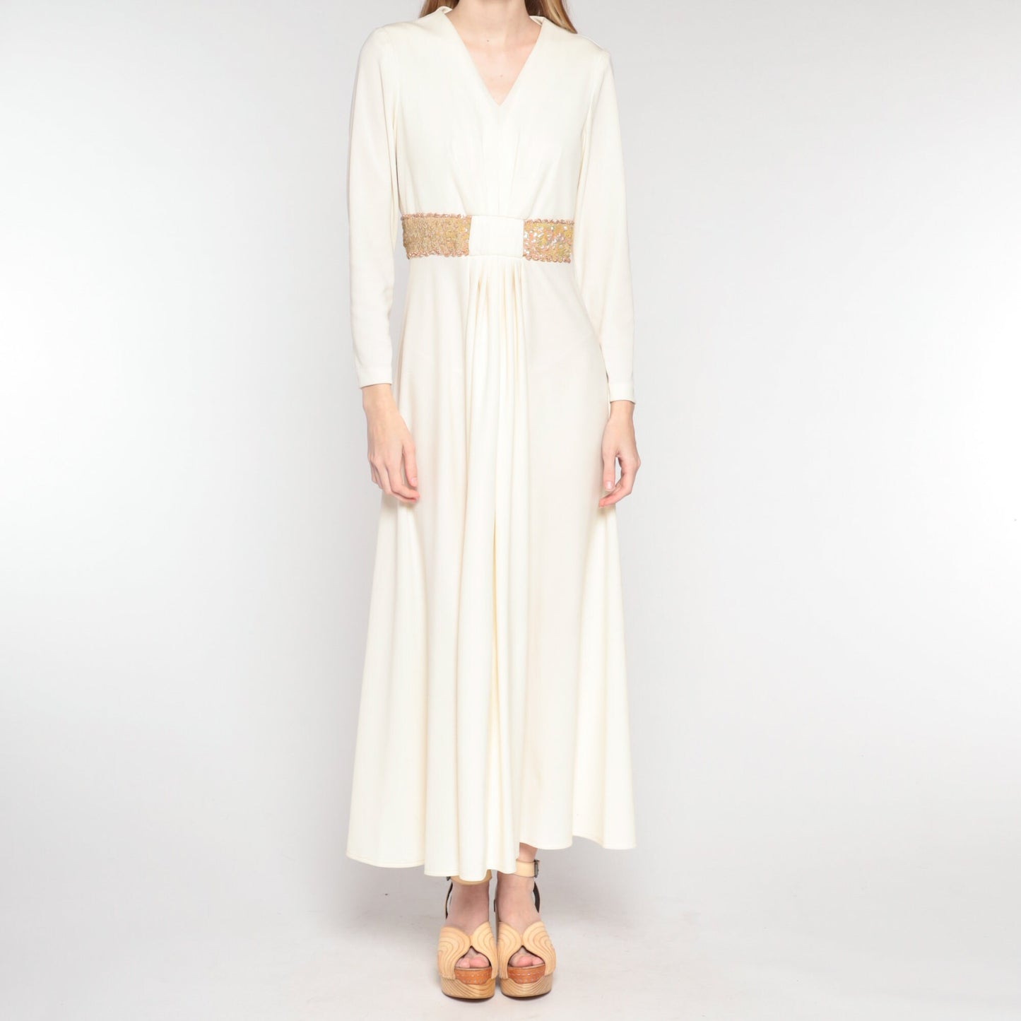 70s Grecian Maxi Dress Cream Sequin V-Neck Long Sleeve Small S