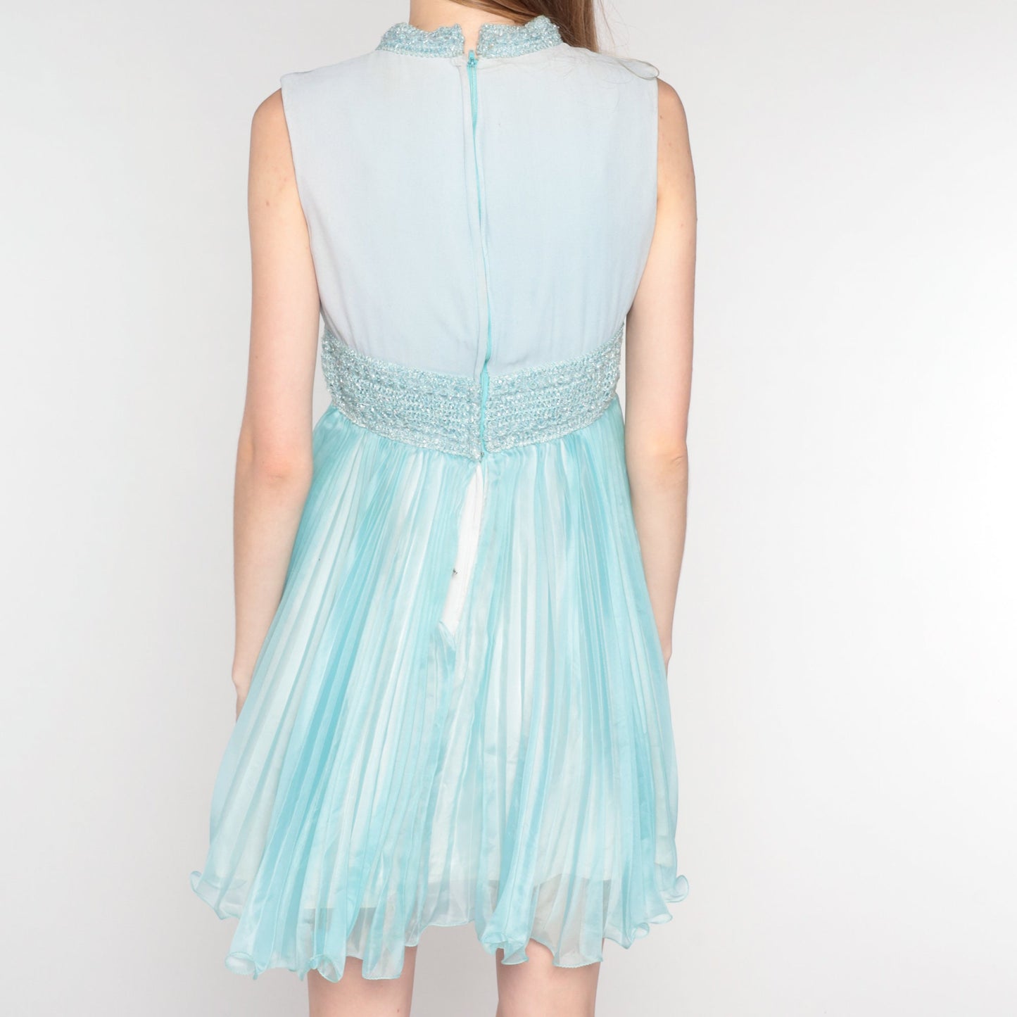 60s Blue Sparkly Empire Waist Mini Dress Sleeveless Pleated Cocktail Extra Small