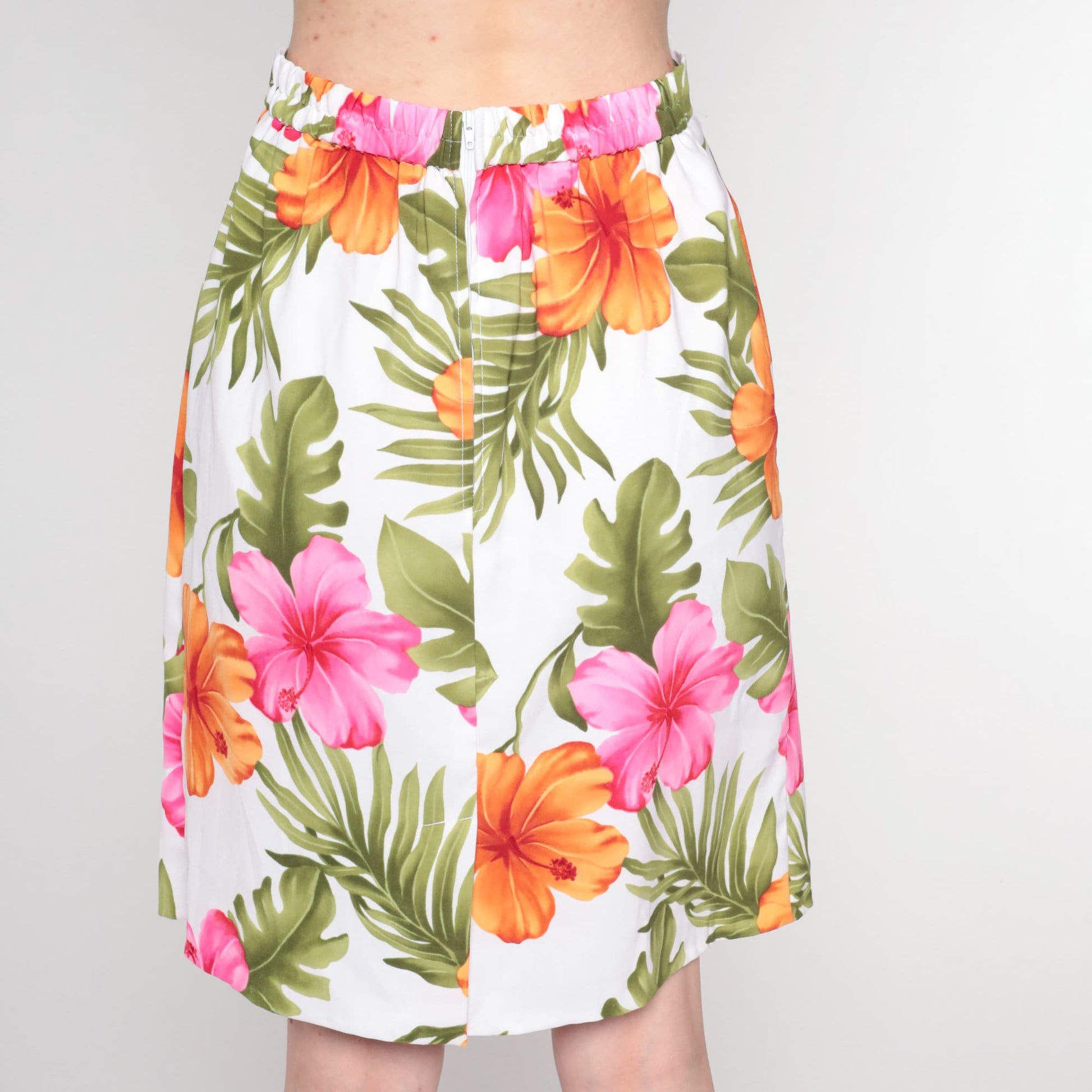 90s Tropical Floral White Mini Pencil Skirt High Waisted Small 6