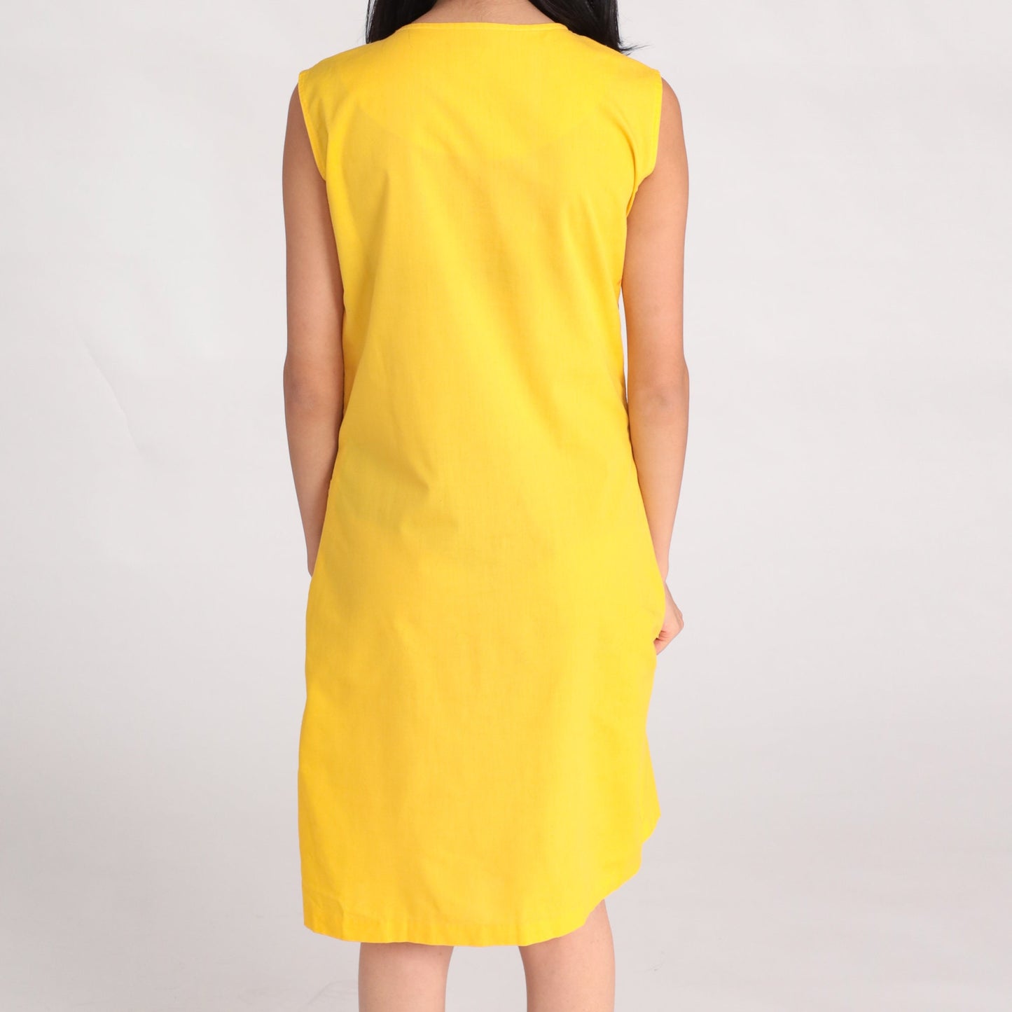 60s Yellow Floral Embroidered Shift Dress Button Front Pockets Small