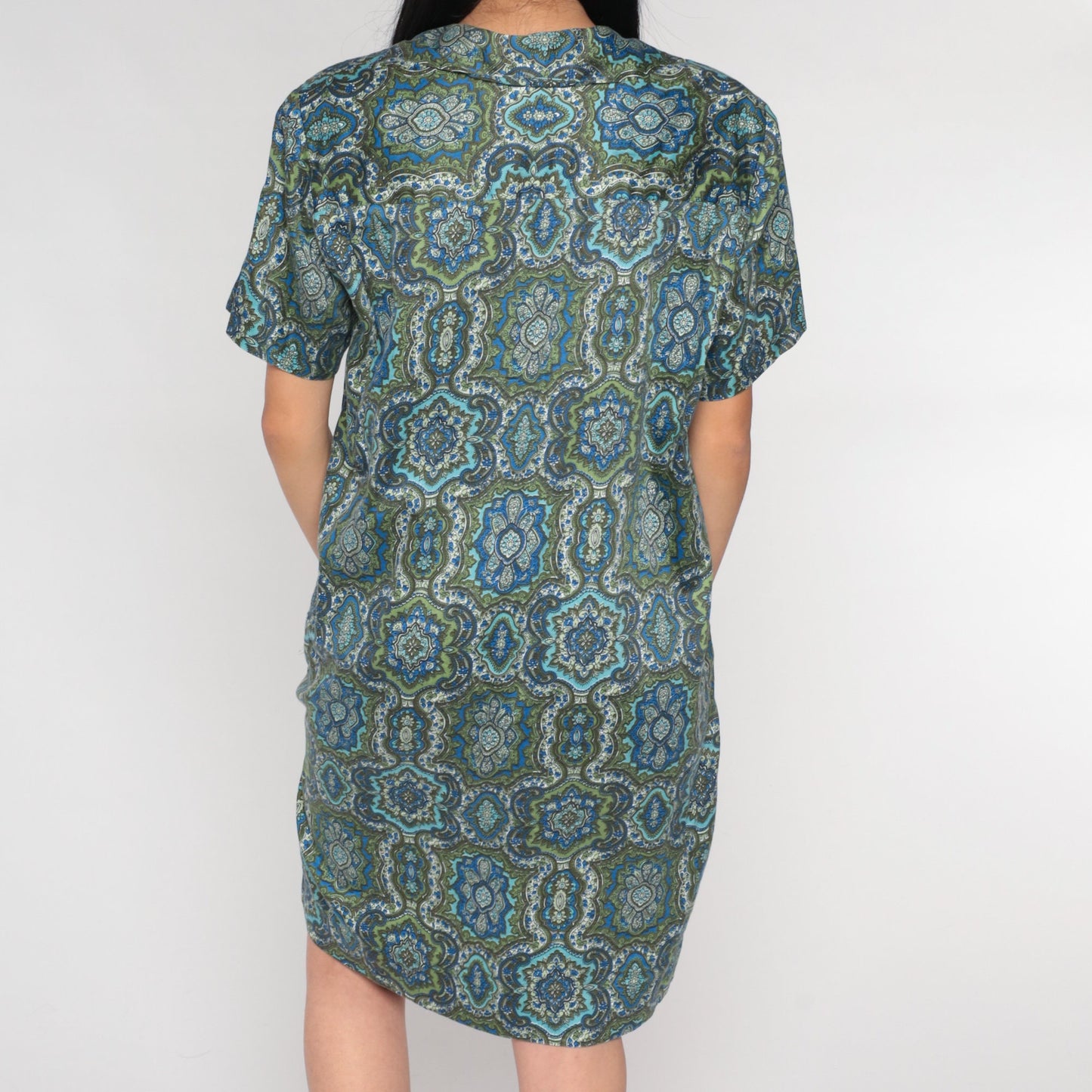 60s Geometric Floral Shirt Dress Mini Blue Green Double Breasted Large L