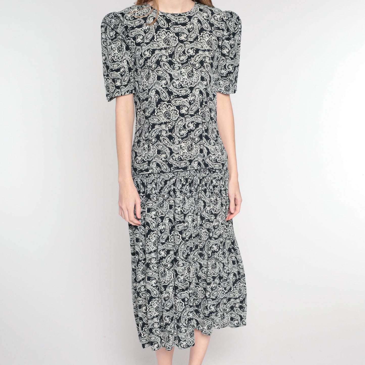 1990s Maggie London Black Paisley Maxi Dress Puff Sleeve Drop Waist Medium 8