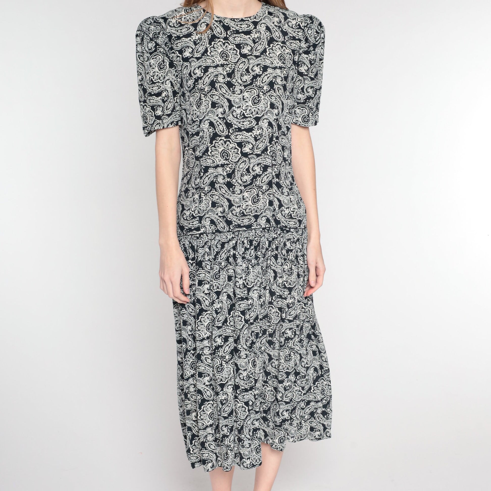 1990s Maggie London Black Paisley Maxi Dress Puff Sleeve Drop Waist Medium 8