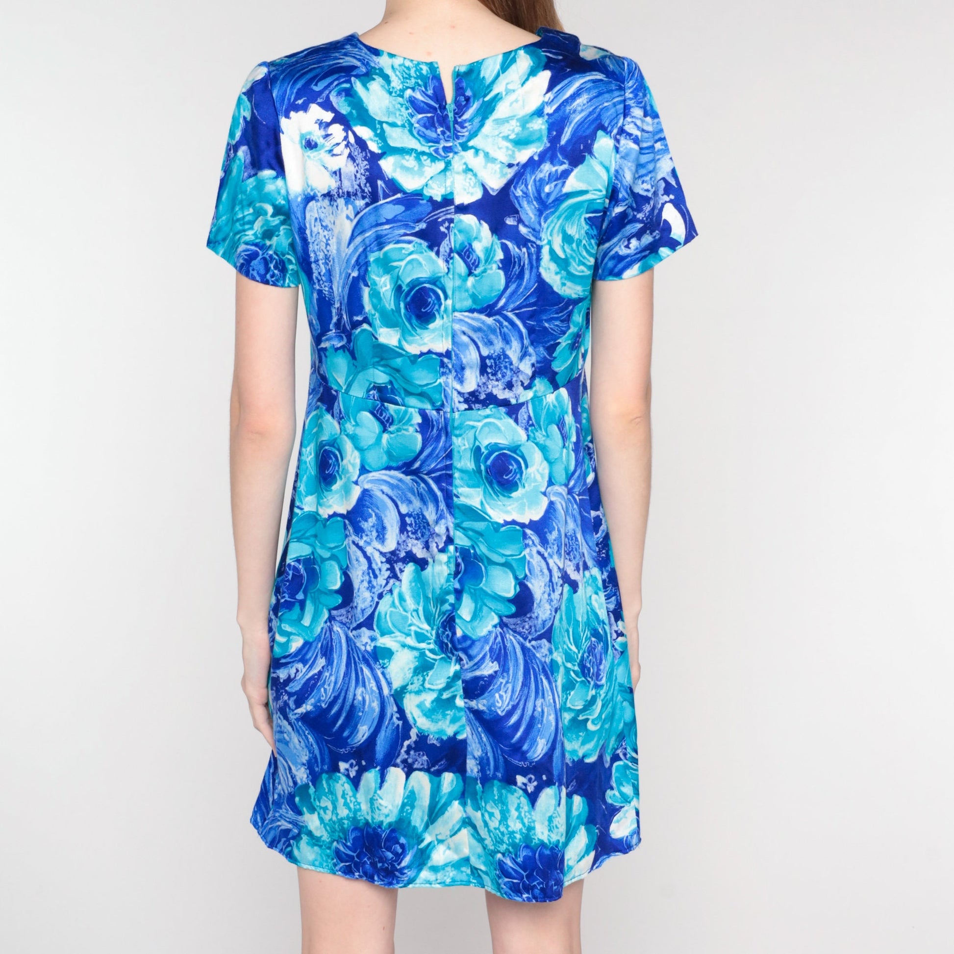 70s Blue Floral Rose Print Mini Dress Empire Waist Short Sleeve Small S
