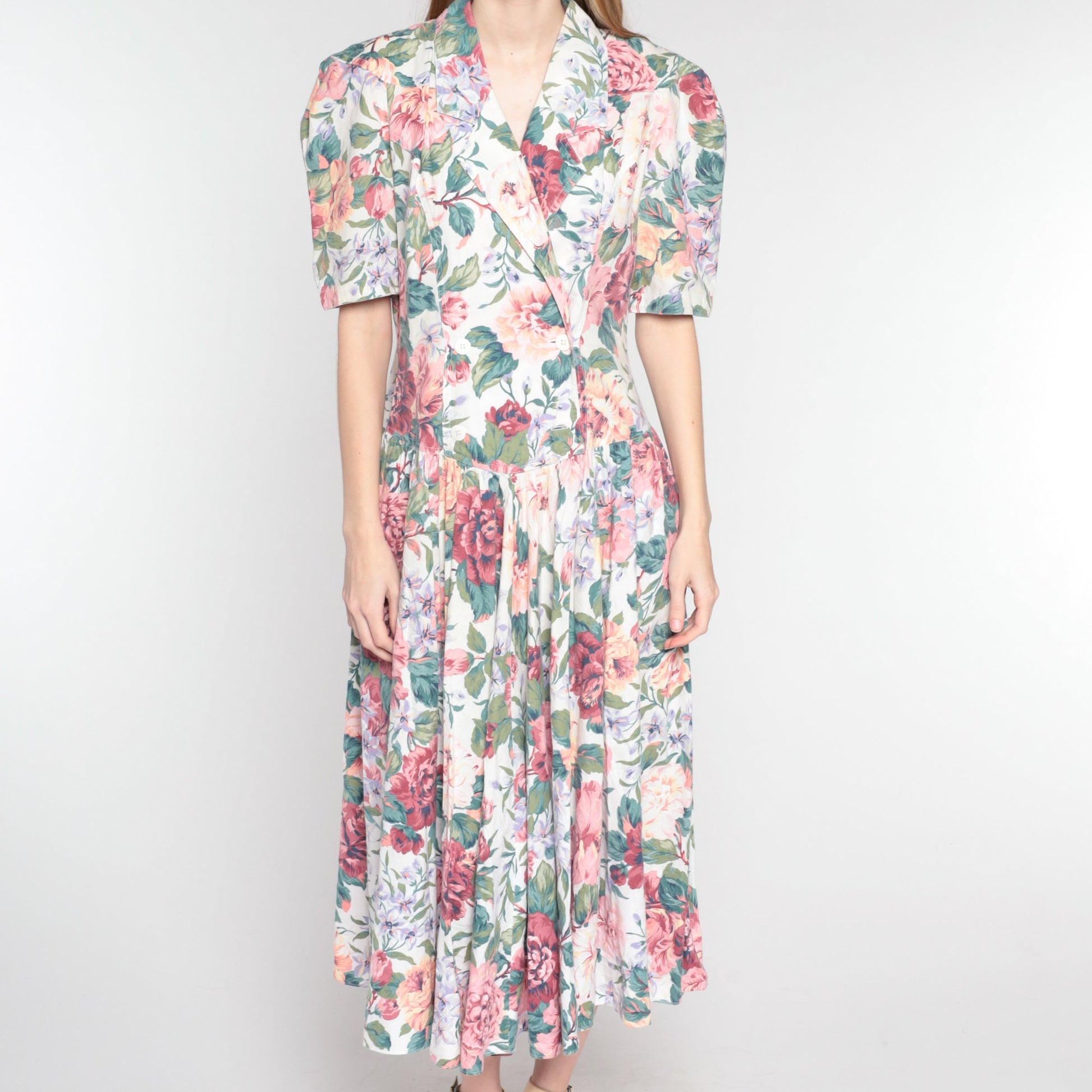 90s Floral Midi Dress Double Breasted Puff Sleeve Basque Waist Cotton Medium
