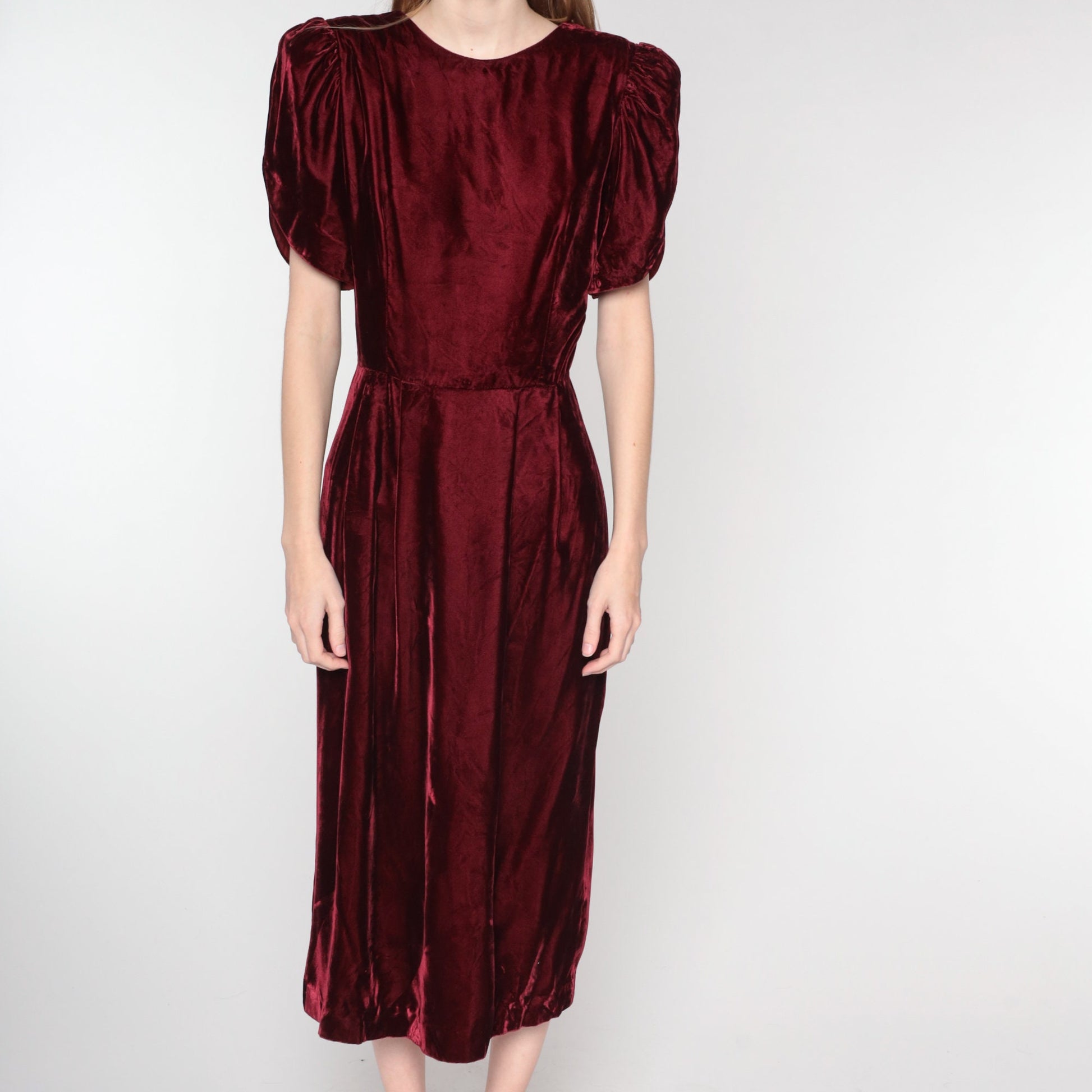 80s Lands End Burgundy Velvet Midi Dress Puff Sleeve Low Back Medium