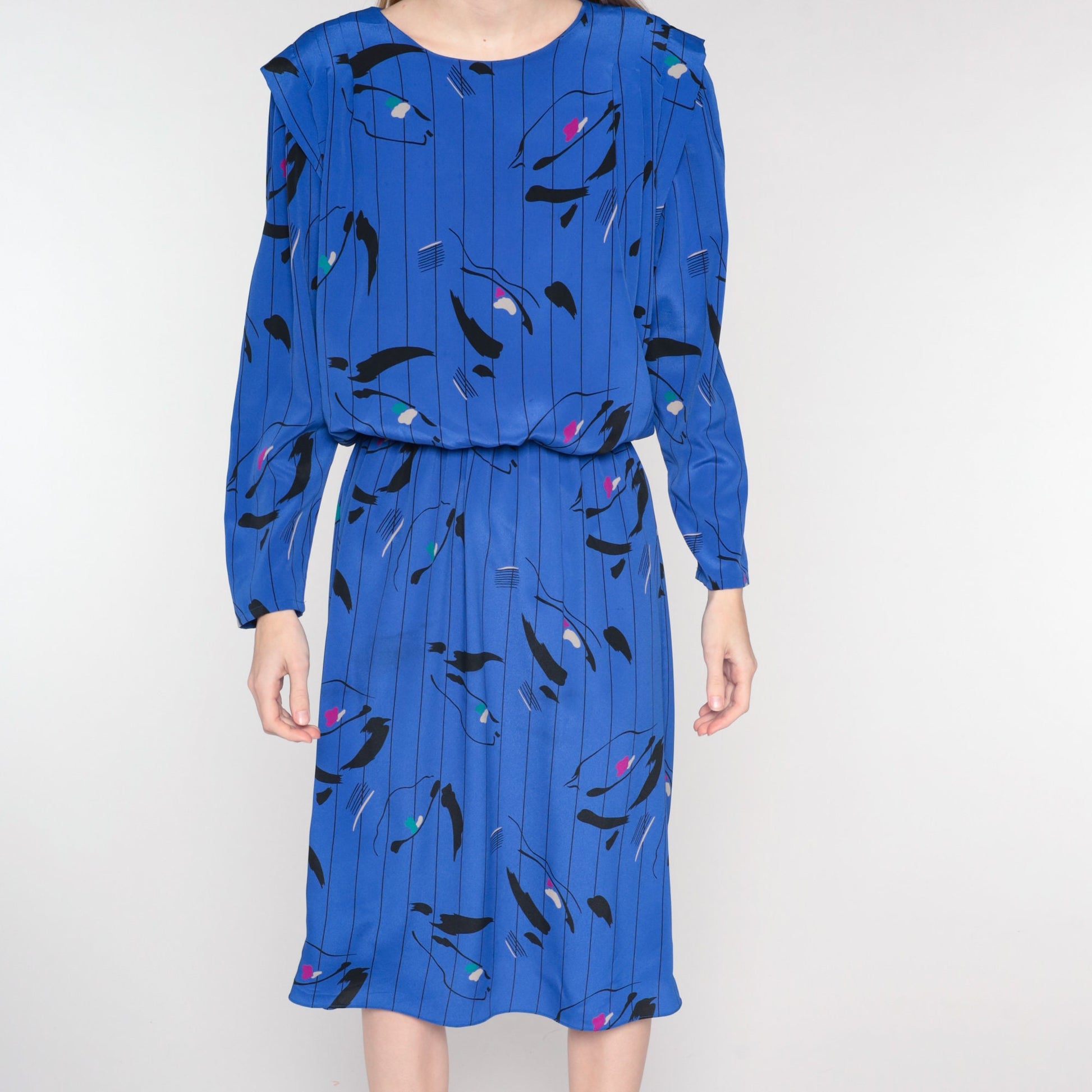 80s Blue Striped Abstract Blouson Midi Dress Long Sleeve Small