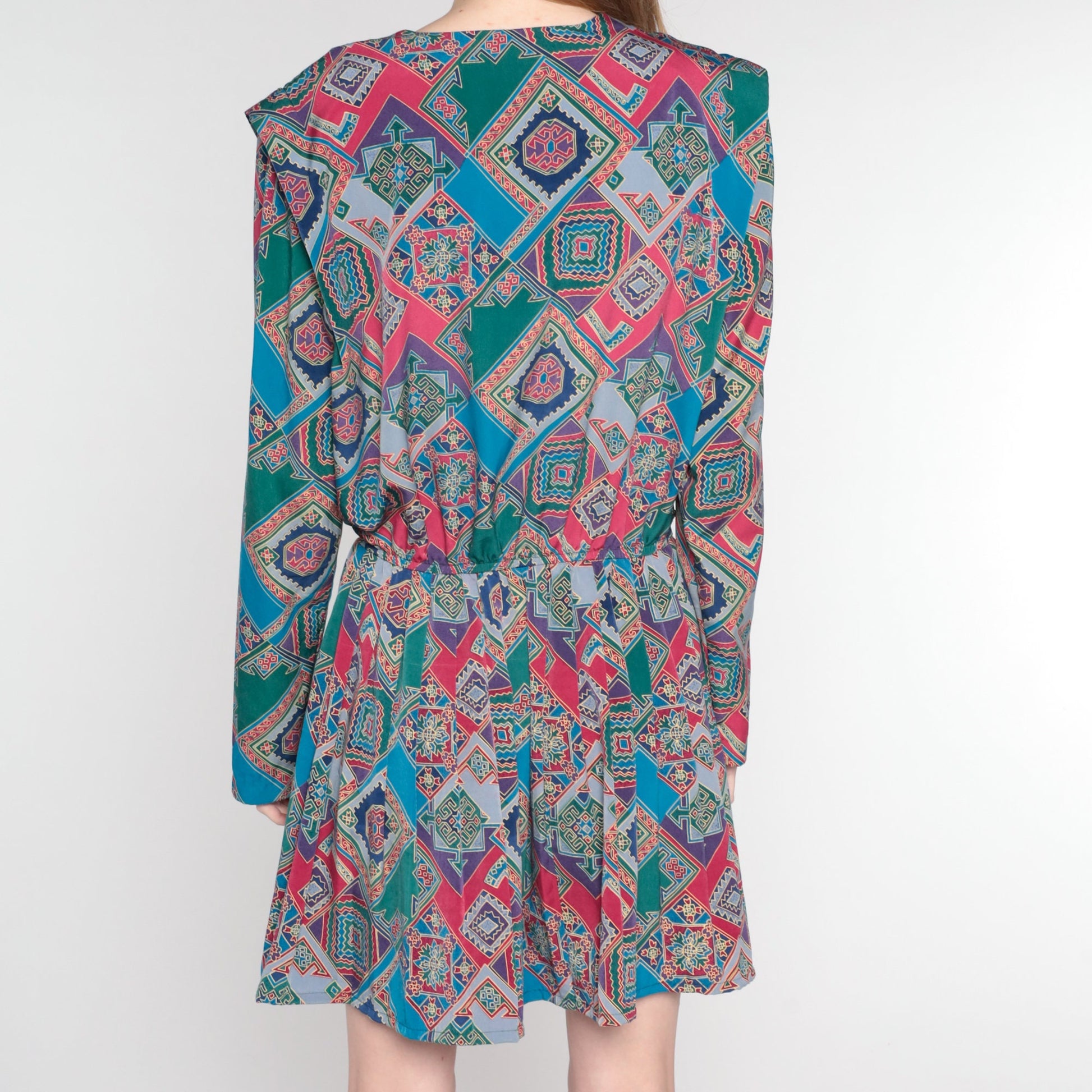 80s Leslie Fay Geometric Mini Dress Colorful Tile Print Long Sleeve Medium