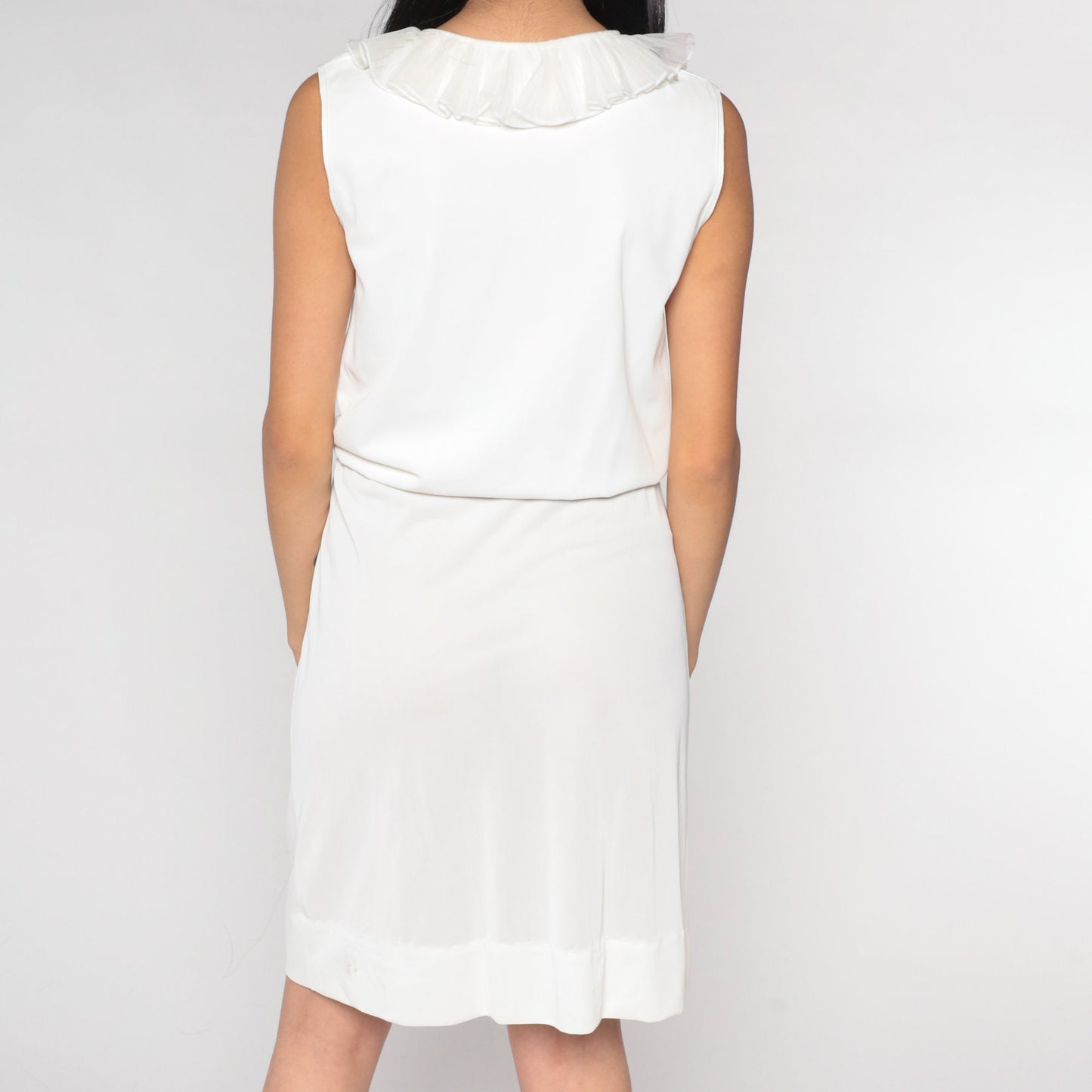 70s White Mini Dress V-Neck Ruffled Bodice Sleeveless High Waist Small