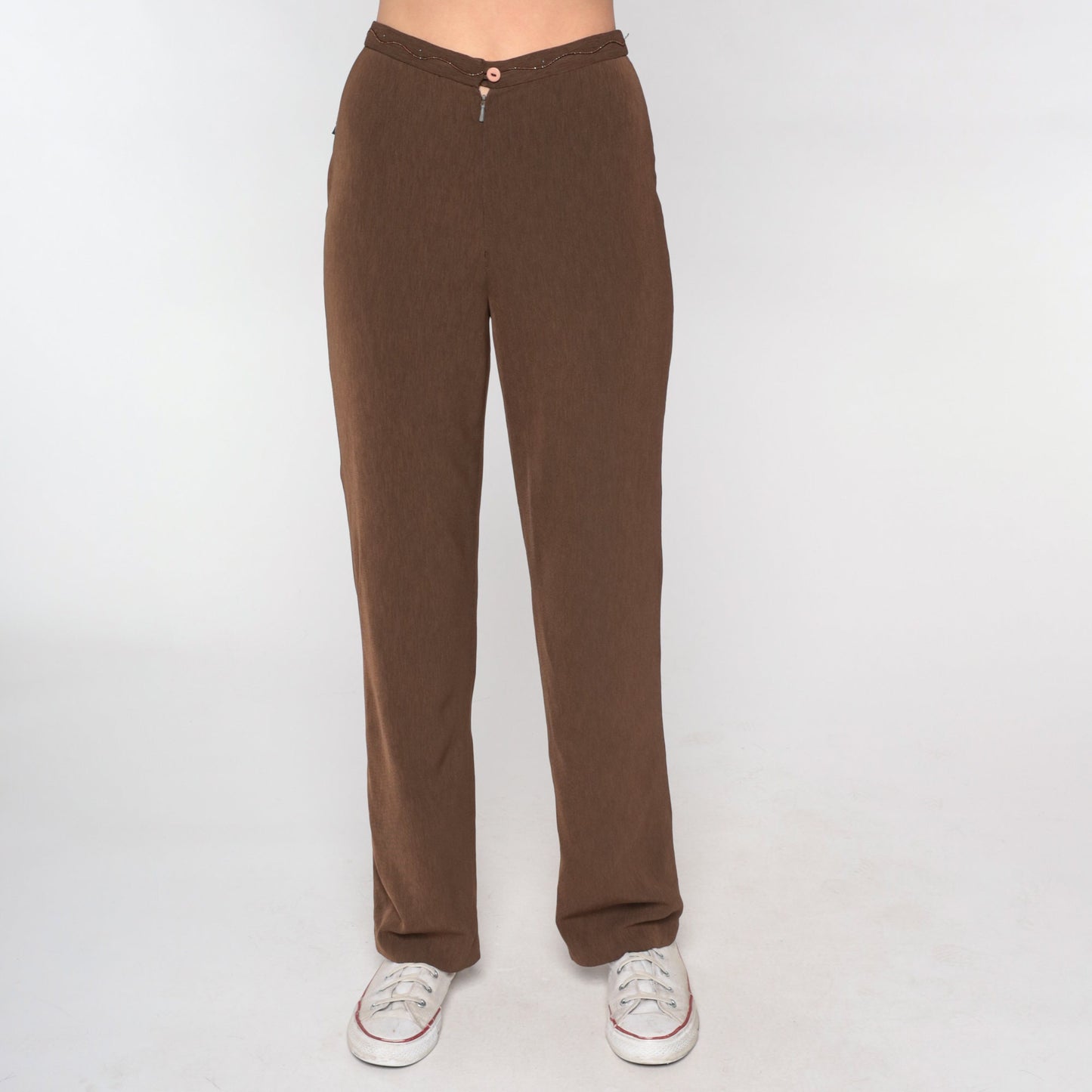 Y2K Brown High-Waisted Straight Leg Pants Sparkly Squiggle XS