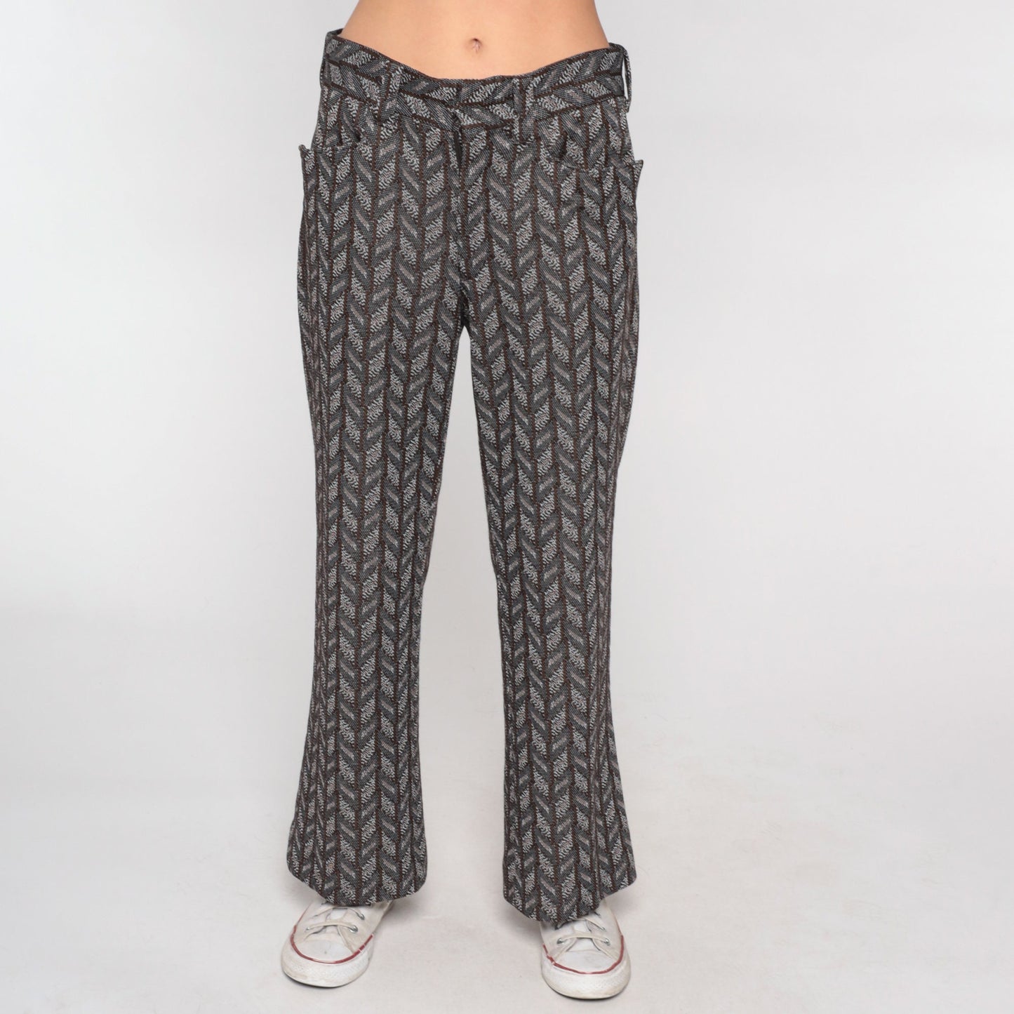 70s Chevron Flared Trousers High Waist Bell Bottoms Grey Medium