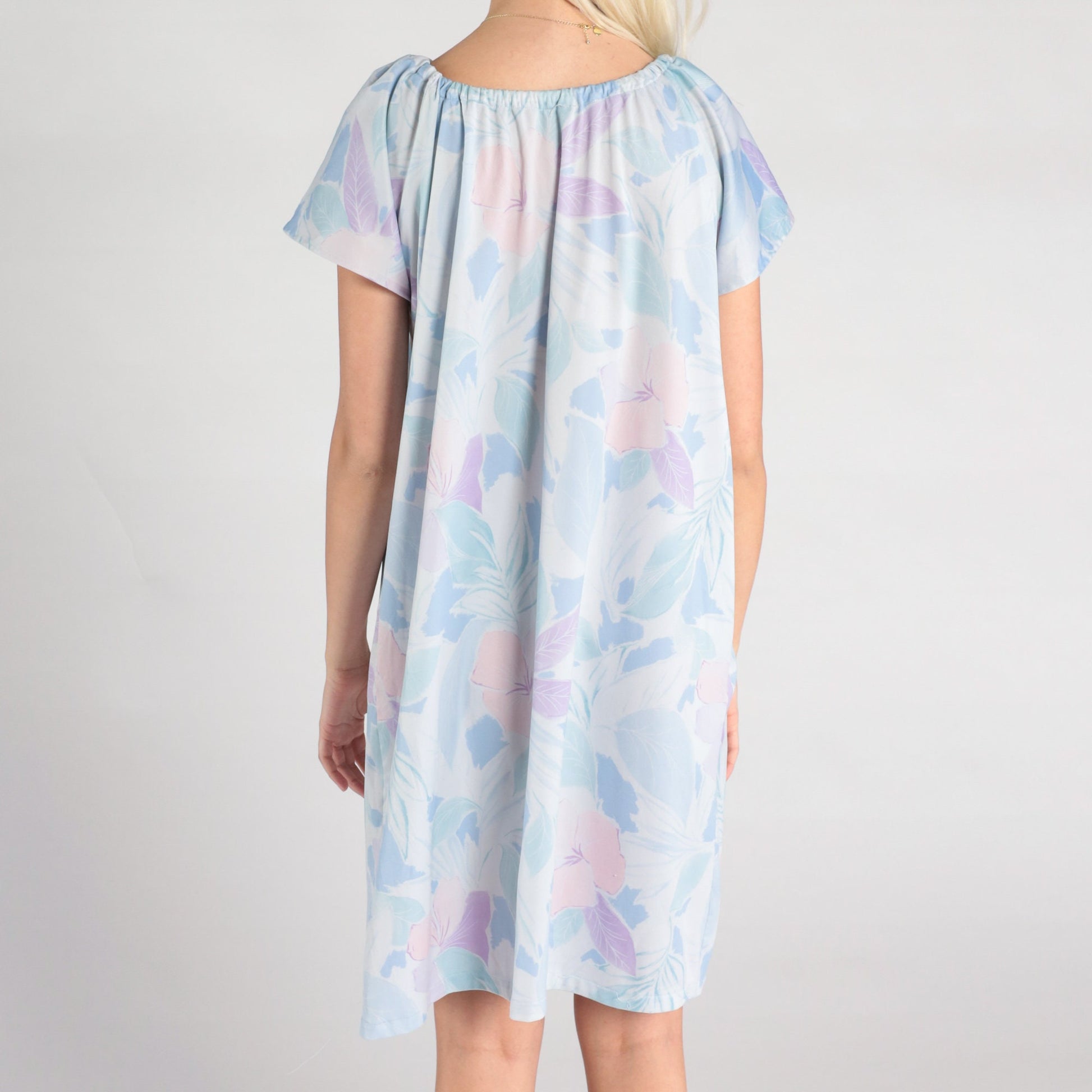 70s Pastel Blue Floral Shift Dress Short Sleeve Midi Medium Large