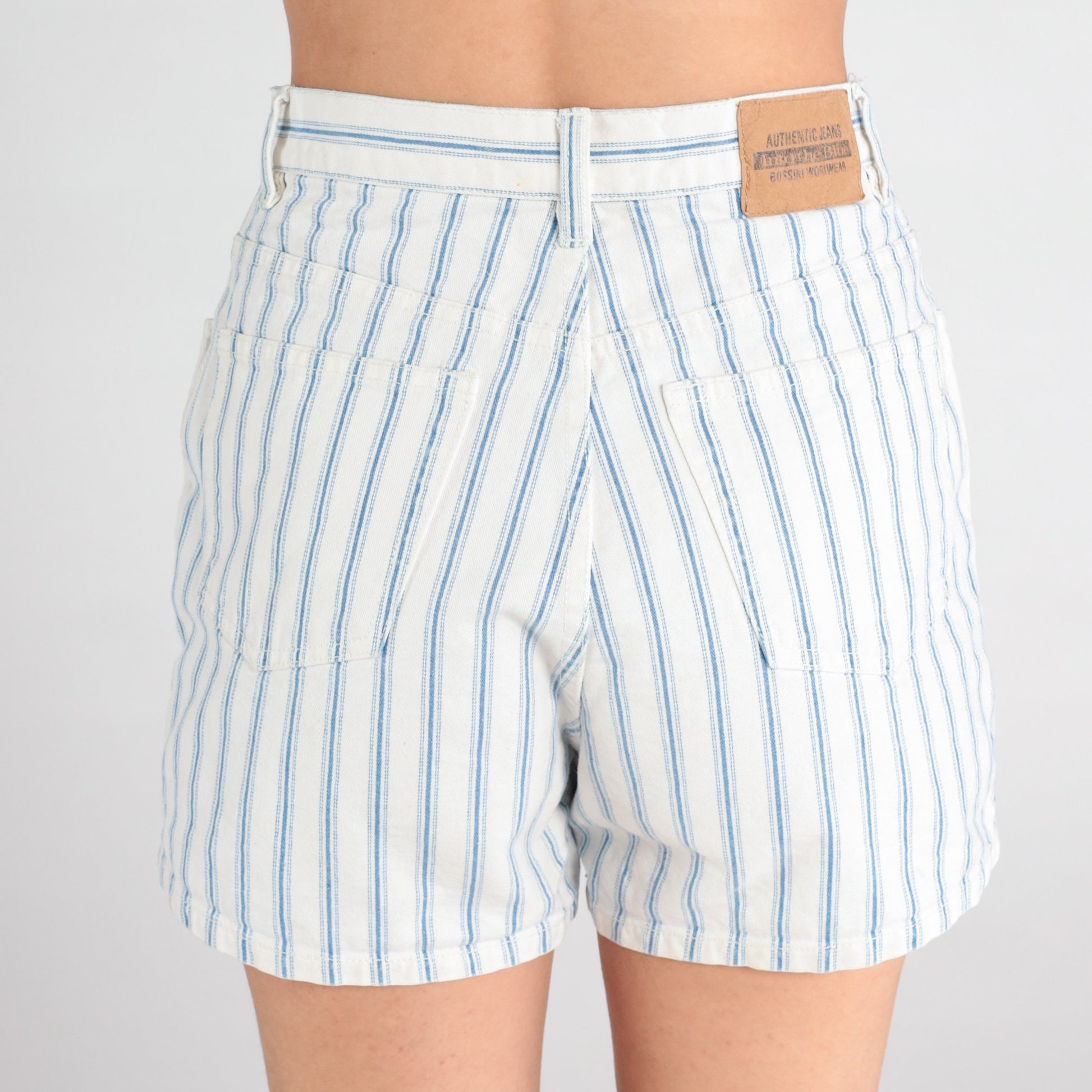 90s Bossini Striped Denim Shorts High Waisted White Blue Small S