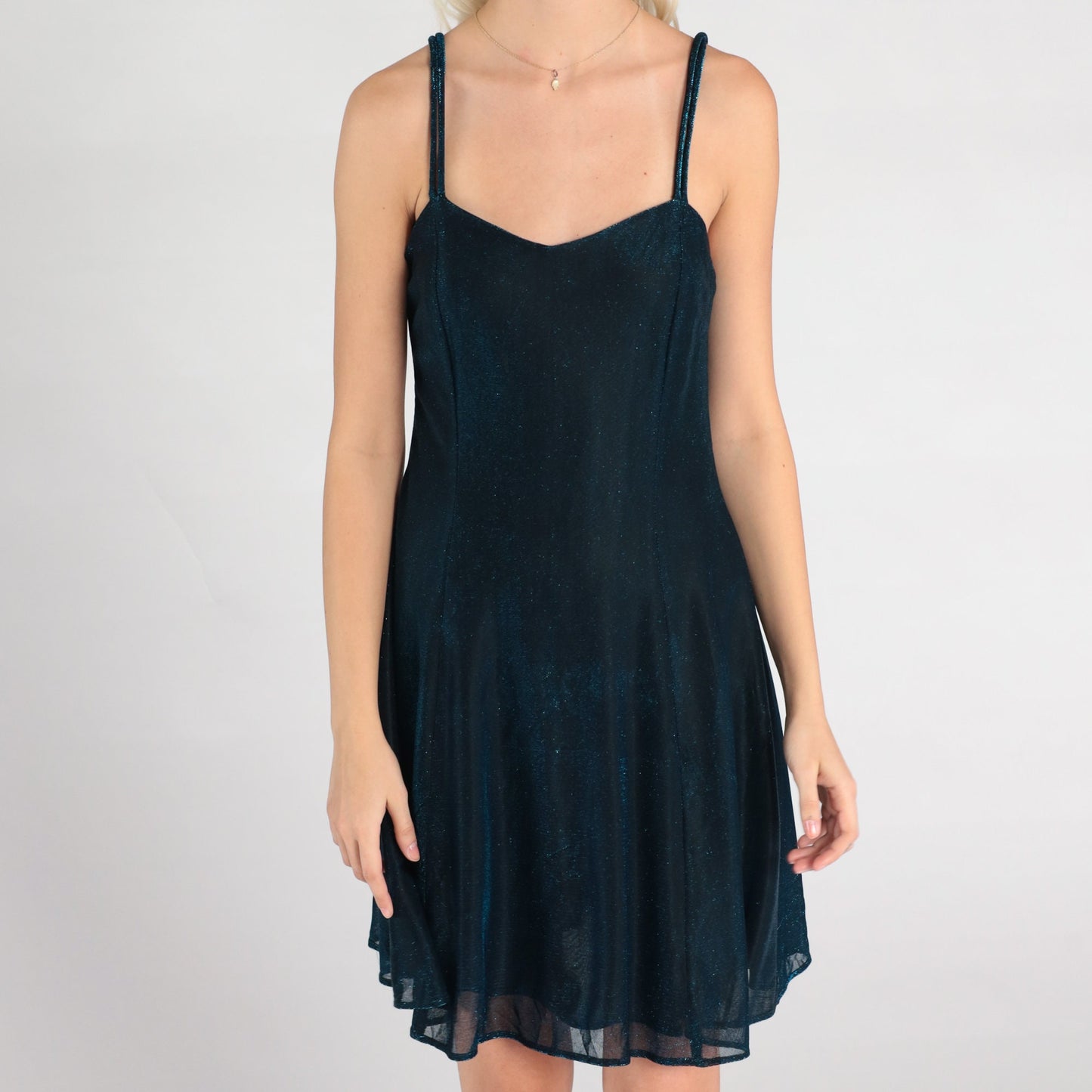 90s Metallic Blue Mini Dress Sweetheart Neckline Spaghetti Strap Small