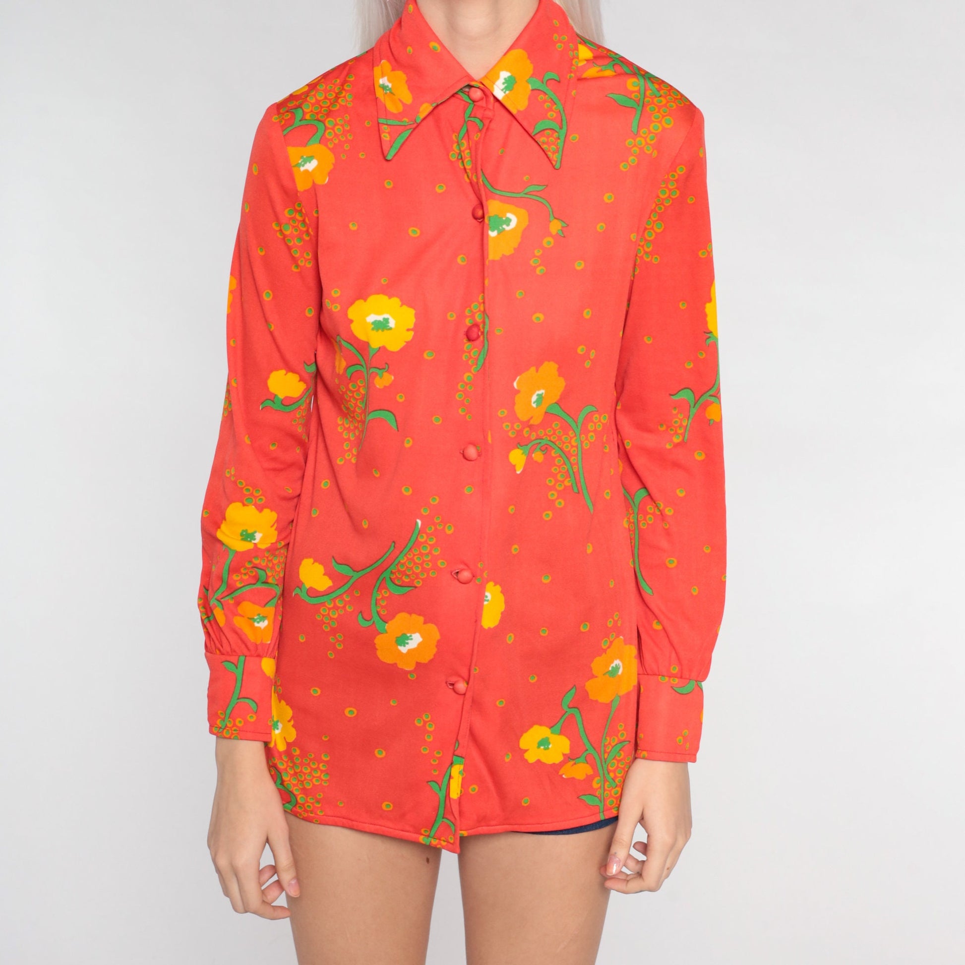 70s Red Poppy Floral Disco Shirt Dagger Collar Button Up Small