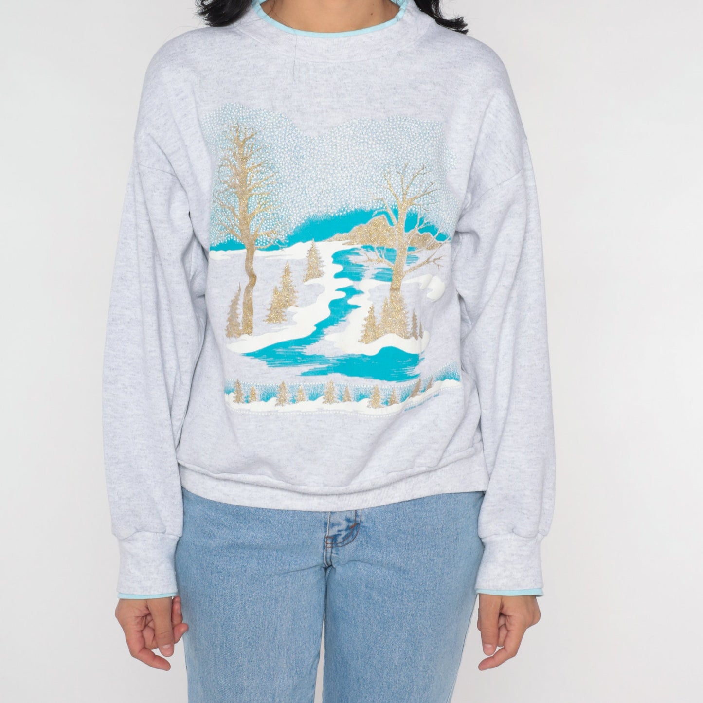 90s Winter Scene Sweatshirt Gold Glitter Trees Heather Grey Medium