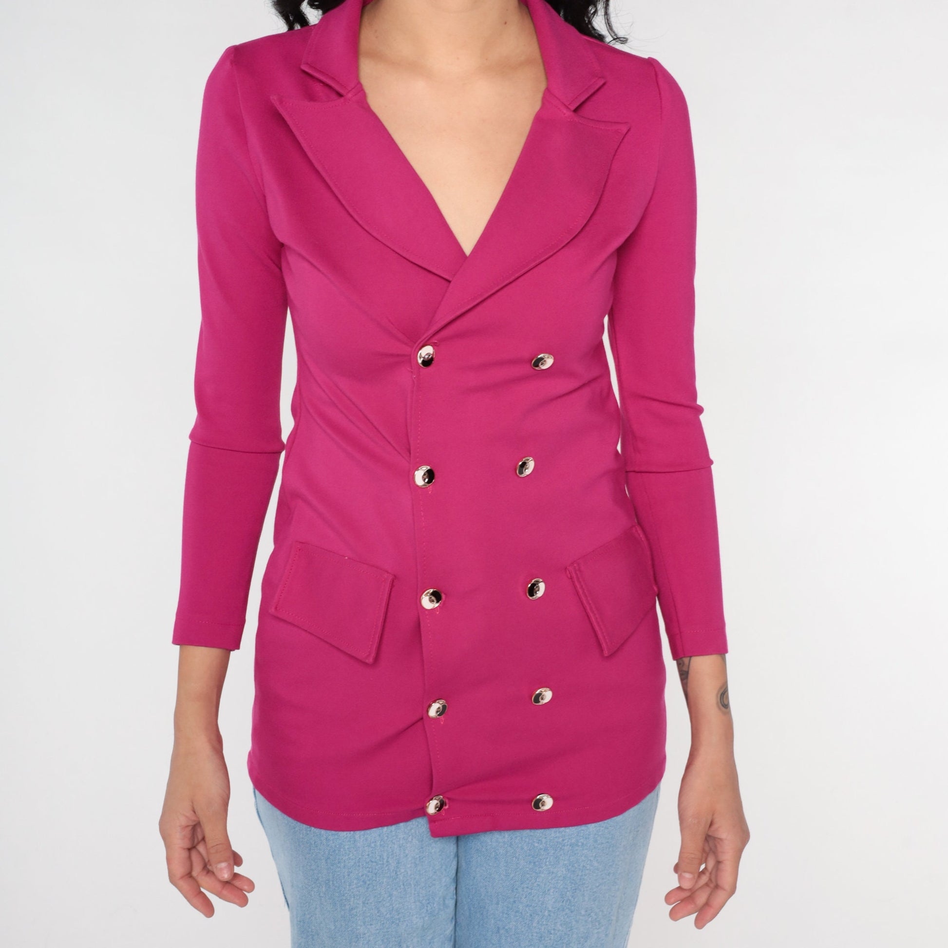 00s Magenta Double Breasted Blazer V Neck Fitted Jacket Extra Small