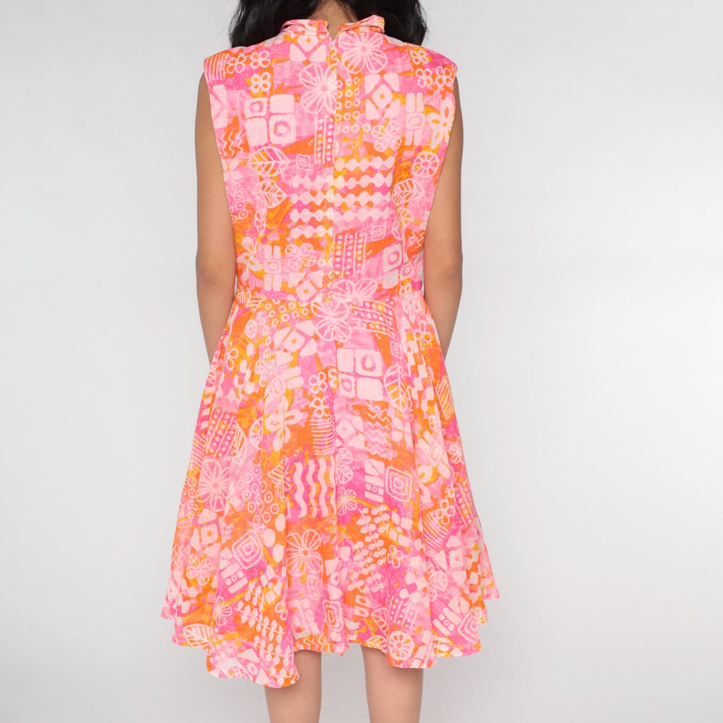 60s Tropical Floral Ascot Midi Dress Pink Orange Geometric Low Waist Medium