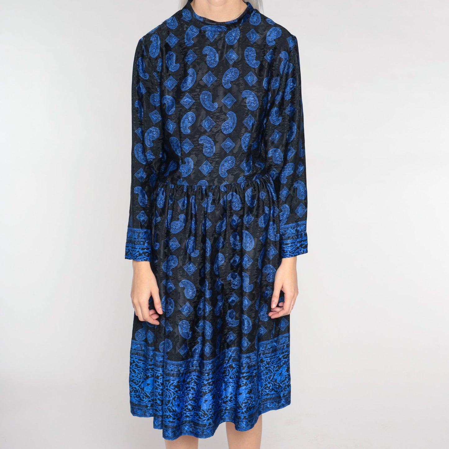80s Black Blue Paisley Midi Dress Long Sleeve Mock Neck High Waisted Small