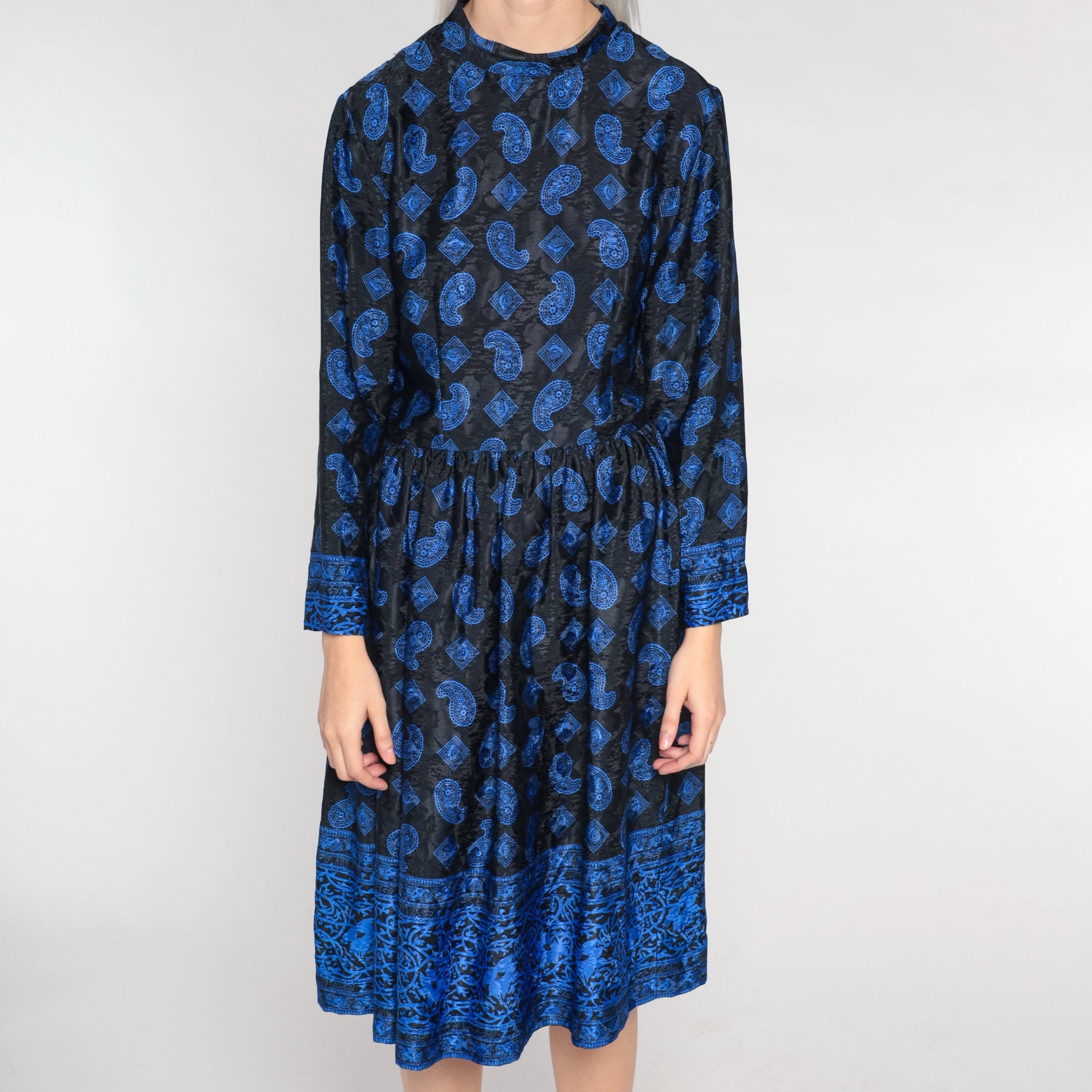 80s Black Blue Paisley Midi Dress Long Sleeve Mock Neck High Waisted Small